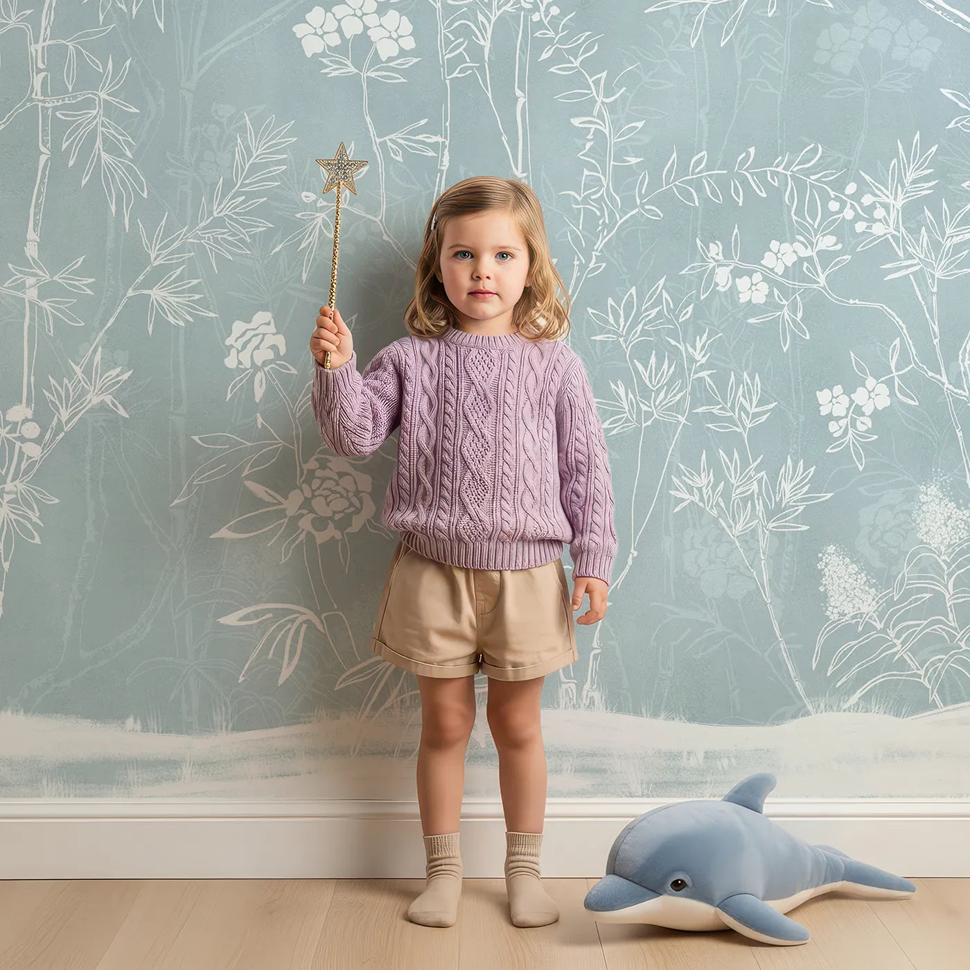 Child in front of Whimsy Tots Blue Chinoiserie Wall Mural with chinoiserie, vintage, floral, flower, branch, blue, white, line art in design.