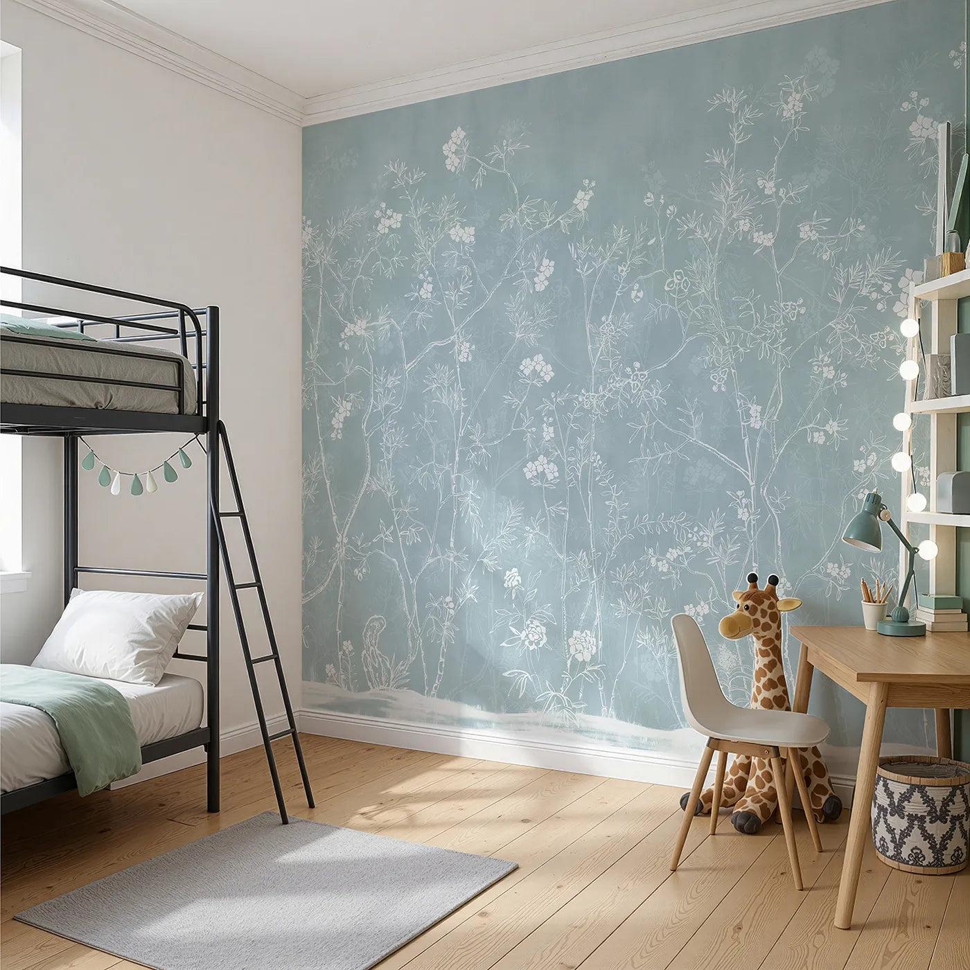 Angled view of Whimsy Tots' Blue Chinoiserie Wall Mural (Turn Their Room into an Elegant, Classic Garden Scene).Gender-Neutral