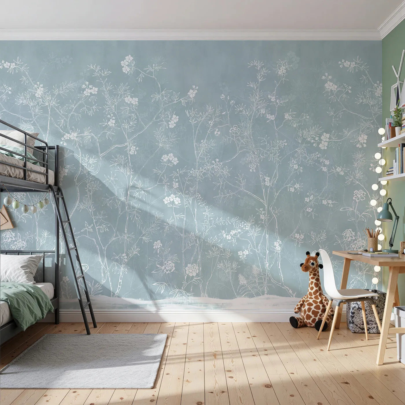 Front view of Whimsy Tots' Blue Chinoiserie Wall Mural