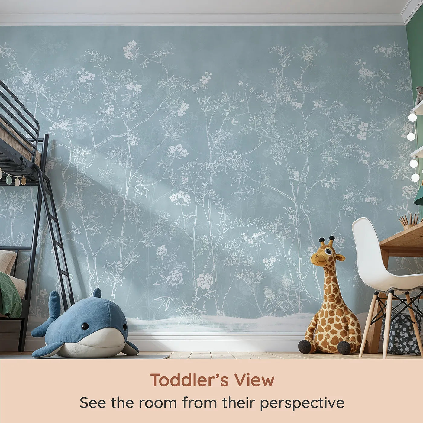 Whimsy Tots Blue Chinoiserie Wall Mural (Turn Their Room into an Elegant, Classic Garden Scene) from your child's view.Gender-Neutral