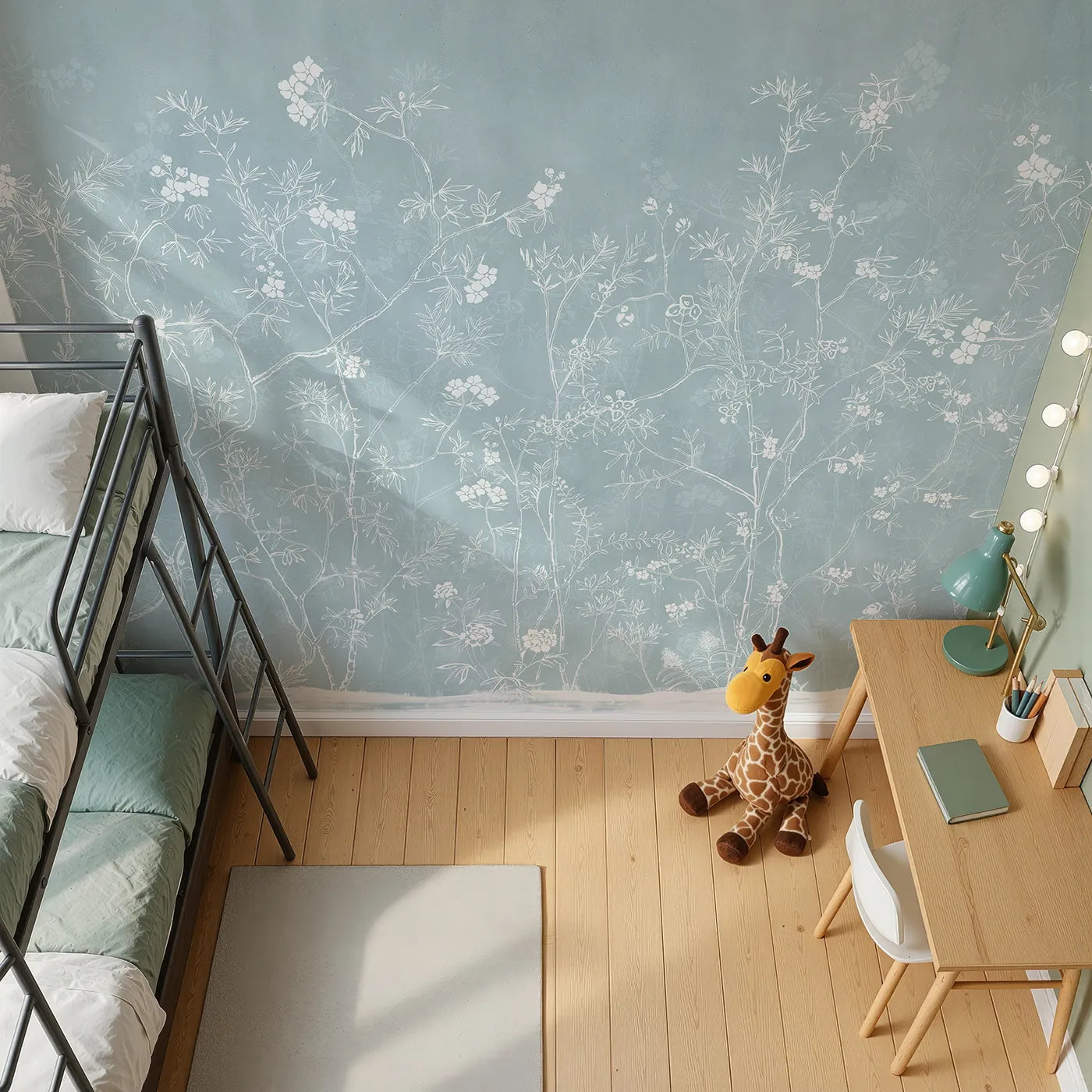 Top-down view of Whimsy Tots' Blue Chinoiserie Wall Mural (Turn Their Room into an Elegant, Classic Garden Scene).Gender-Neutral
