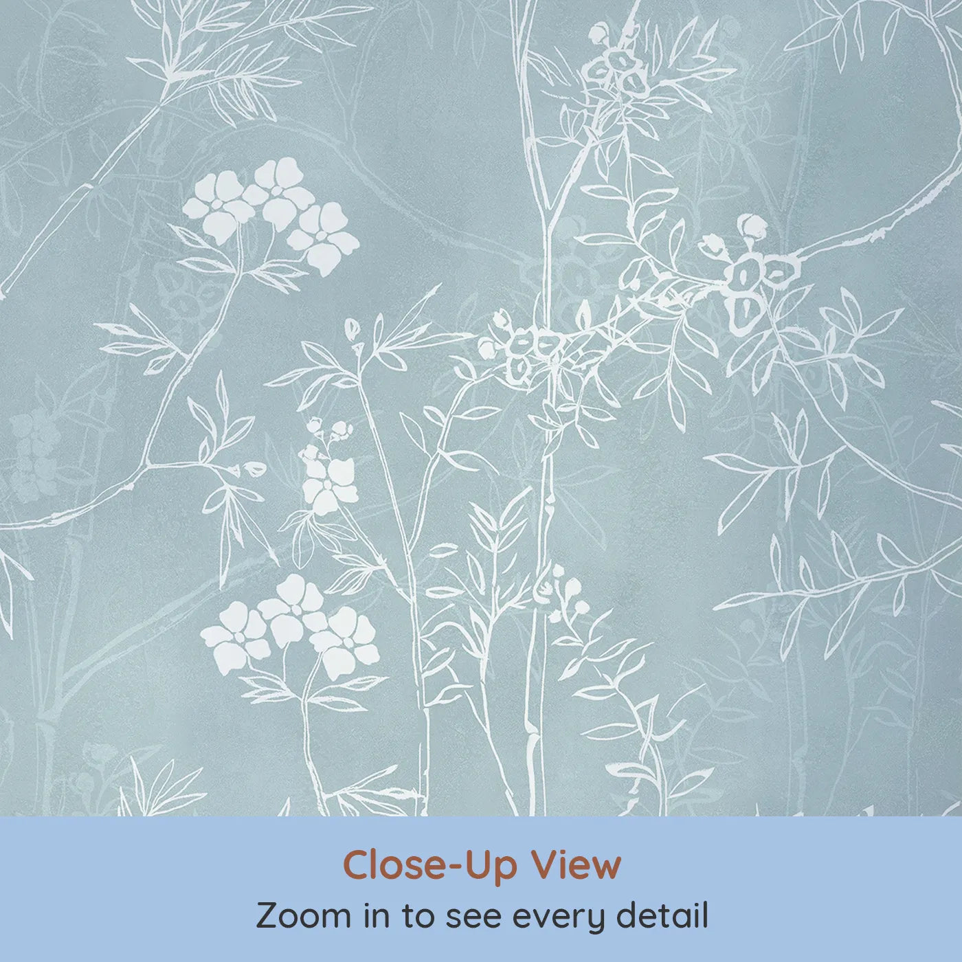 Close-up view of Whimsy Tots' Blue Chinoiserie Wall Mural (Turn Their Room into an Elegant, Classic Garden Scene).Gender-Neutral