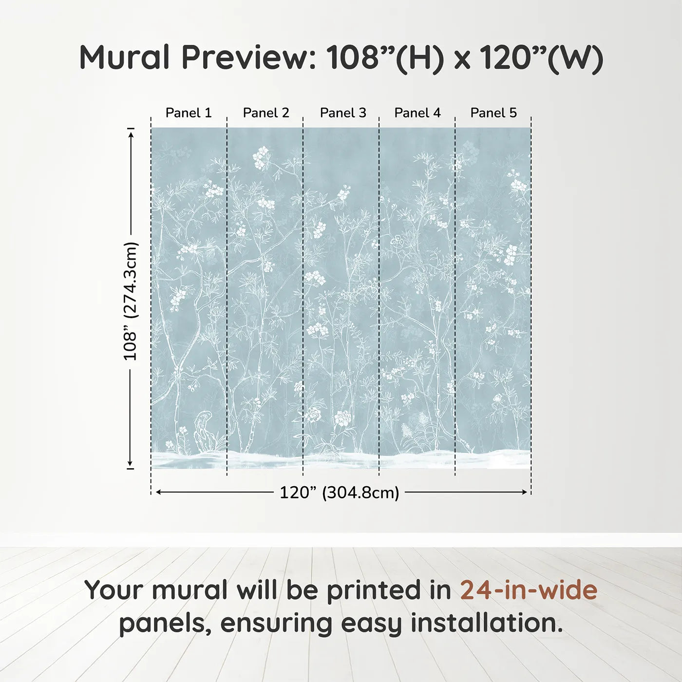 Whimsy Tots Blue Chinoiserie Wall Muraldimension view (108" H x 120" W). Printed in five 24-inch-wide panels. Gender-Neutral