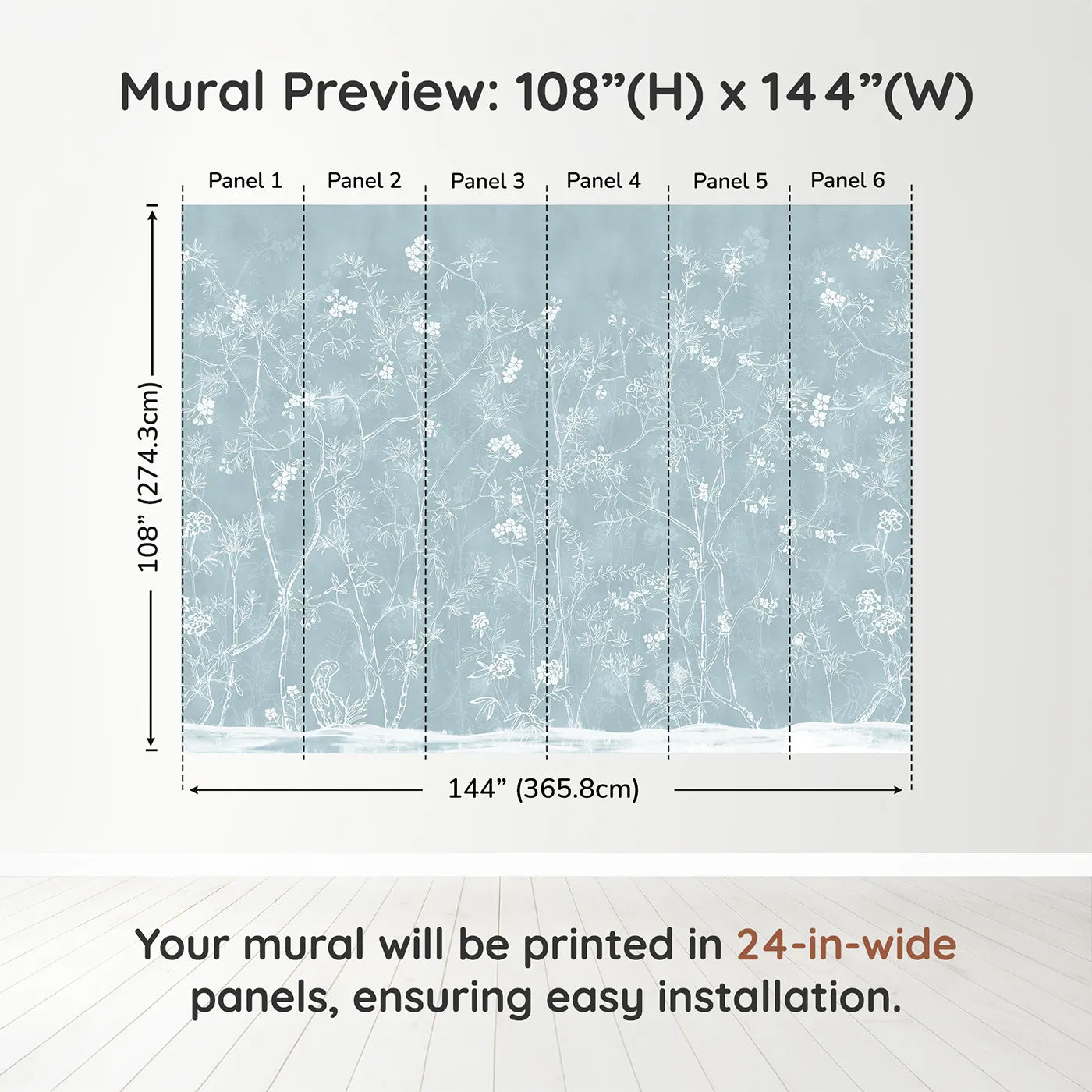 Whimsy Tots Blue Chinoiserie Wall Muraldimension view (108" H x 144" W). Printed in six 24-inch-wide panels. Gender-Neutral