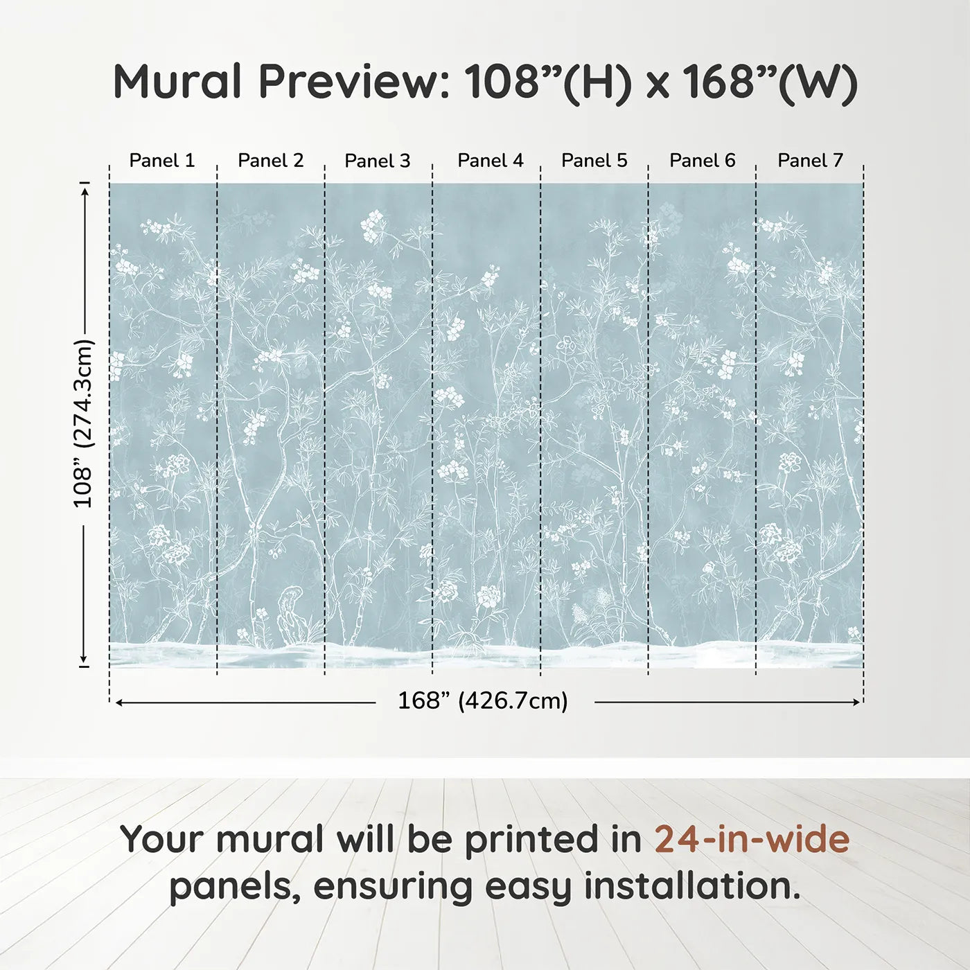 Whimsy Tots Blue Chinoiserie Wall Muraldimension view (108" H x 168" W). Printed in seven 24-inch-wide panels. Gender-Neutral