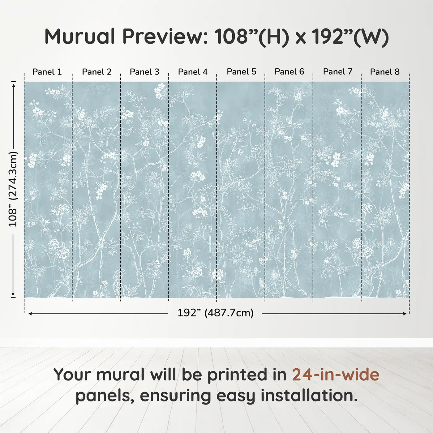 Whimsy Tots Blue Chinoiserie Wall Muraldimension view (108" H x 192" W). Printed in eight 24-inch-wide panels. Gender-Neutral