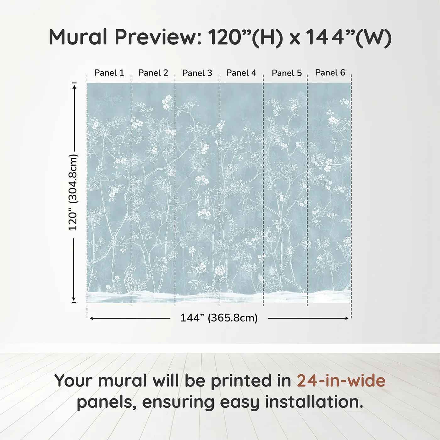 Whimsy Tots Blue Chinoiserie Wall Muraldimension view (120" H x 144" W). Printed in six 24-inch-wide panels. Gender-Neutral