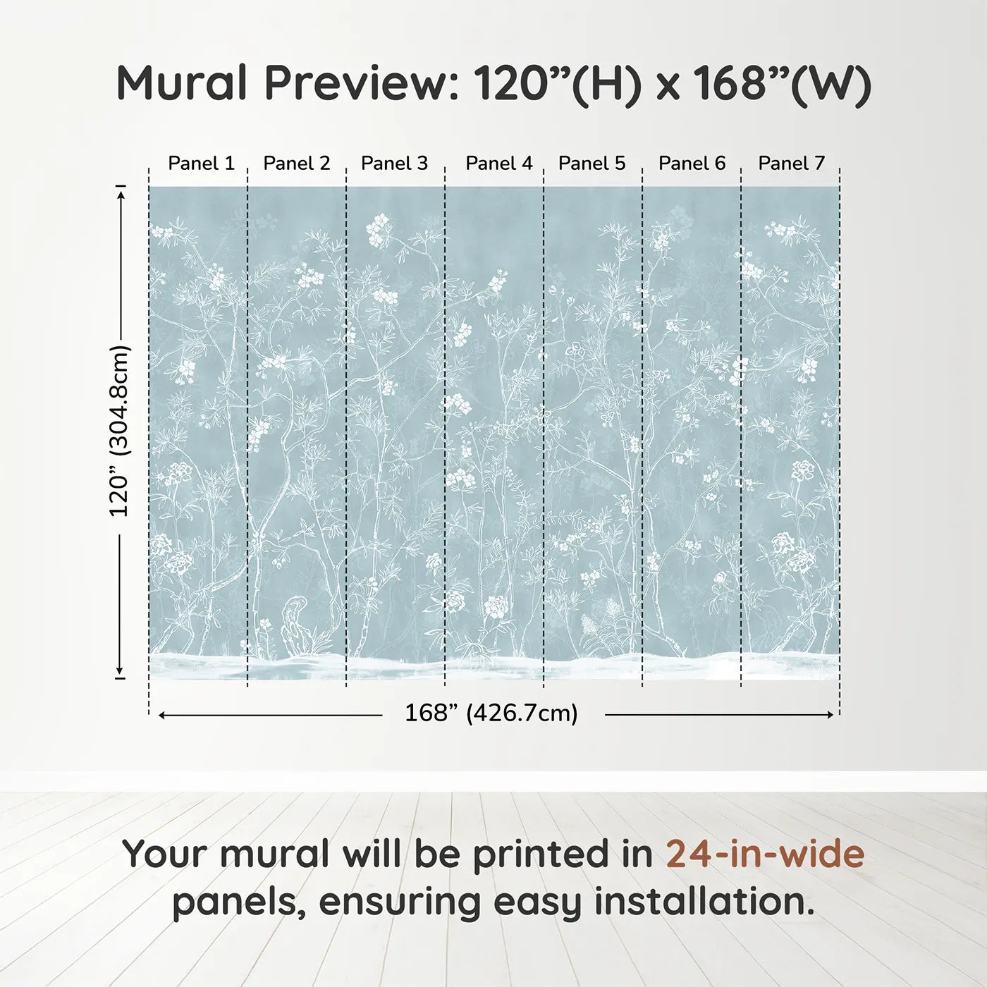 Whimsy Tots Blue Chinoiserie Wall Muraldimension view (120" H x 168" W). Printed in seven 24-inch-wide panels. Gender-Neutral