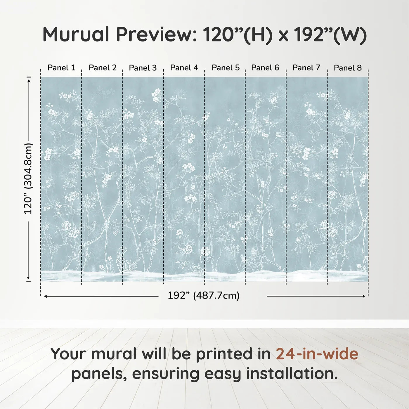 Whimsy Tots Blue Chinoiserie Wall Muraldimension view (120" H x 192" W). Printed in eight 24-inch-wide panels. Gender-Neutral