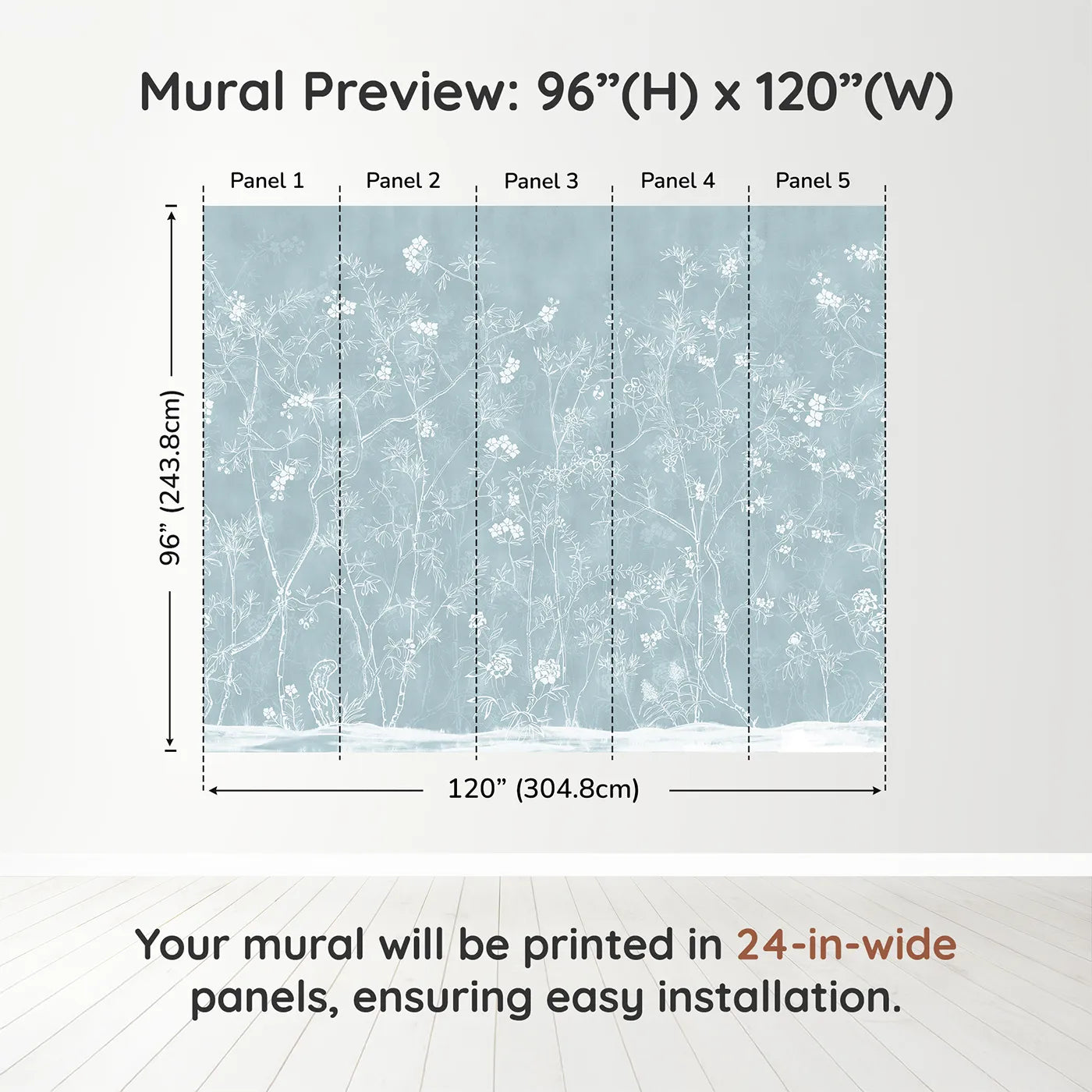 Whimsy Tots Blue Chinoiserie Wall Muraldimension view (96" H x 120" W). Printed in five 24-inch-wide panels. Gender-Neutral