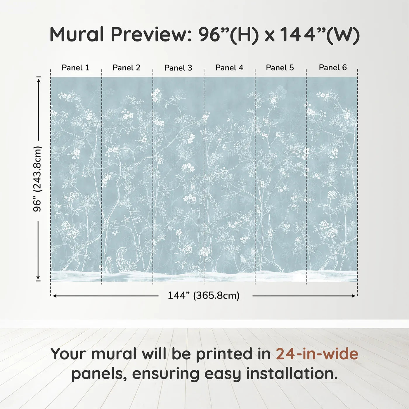 Whimsy Tots Blue Chinoiserie Wall Muraldimension view (96" H x 144" W). Printed in six 24-inch-wide panels. Gender-Neutral