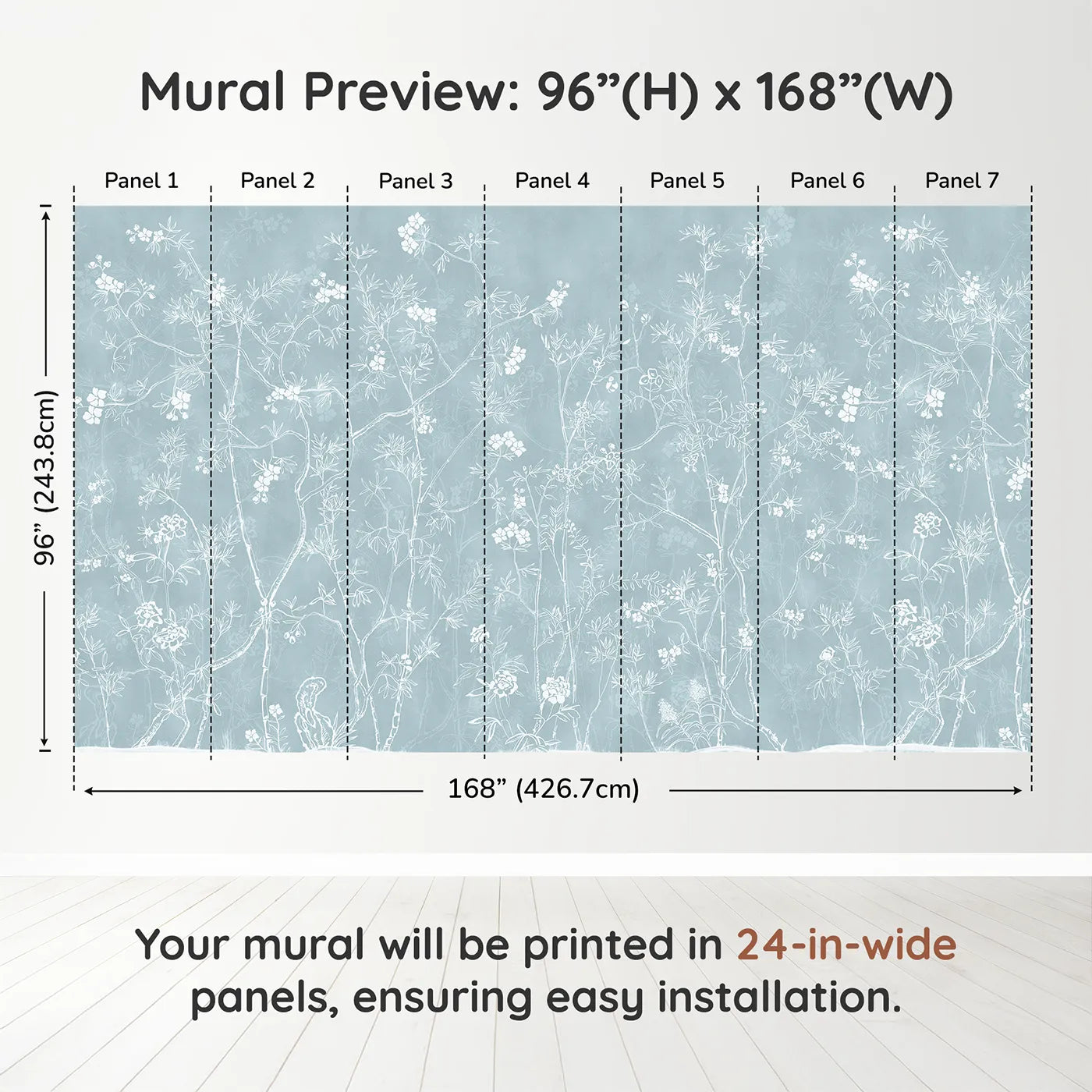 Whimsy Tots Blue Chinoiserie Wall Muraldimension view (96" H x 168" W). Printed in seven 24-inch-wide panels. Gender-Neutral