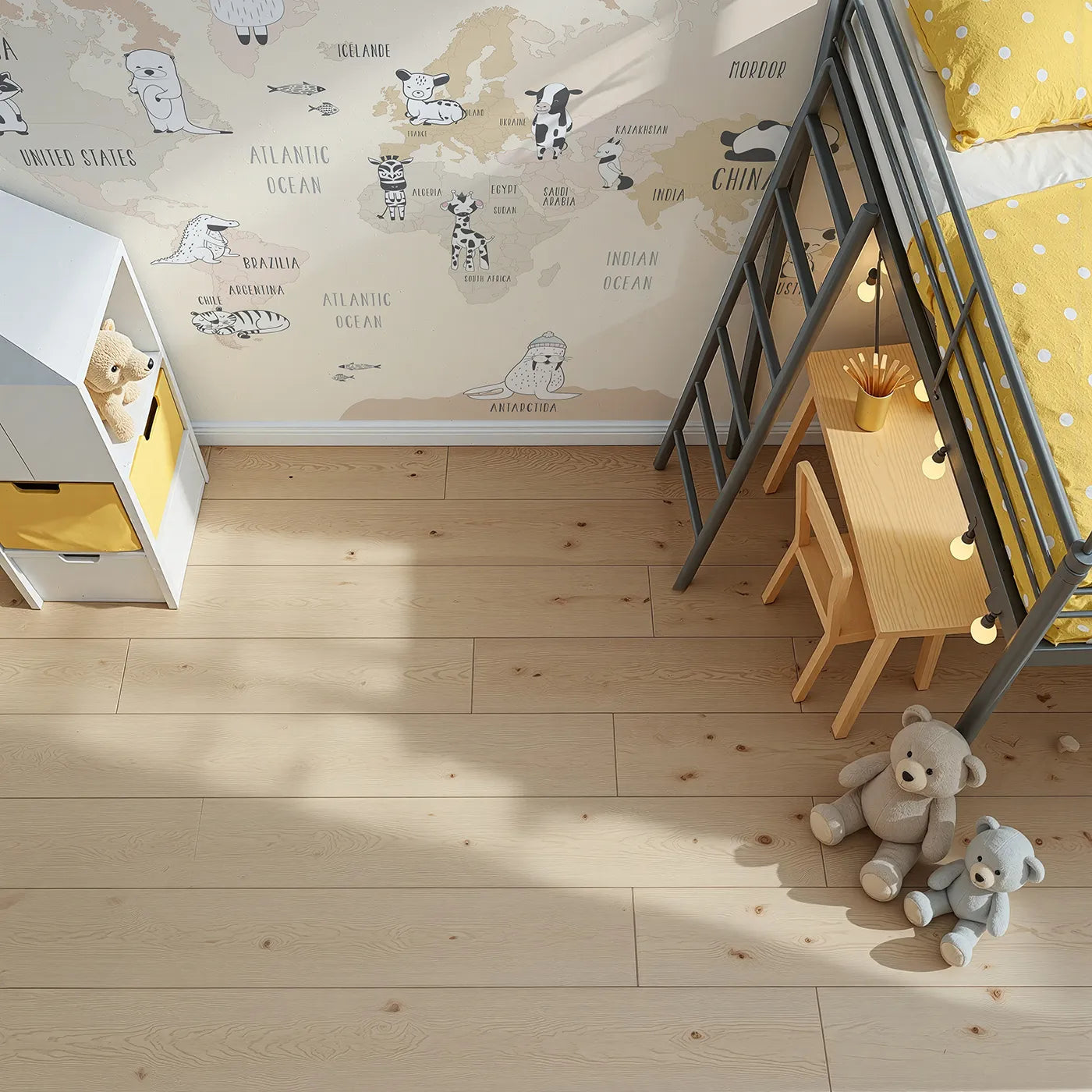 Top-down view of Whimsy Tots' Boho Animal World Map Wall Mural in Beige (Turn Their Room into a Gentle Global Safari).Gender-Neutral