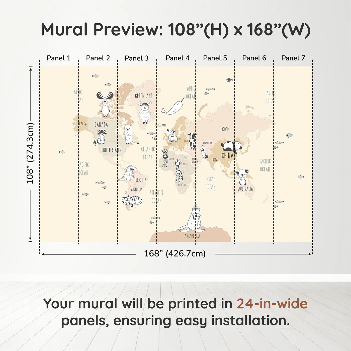 Whimsy Tots Boho Animal World Map Wall Mural in Beigedimension view (108" H x 168" W). Printed in seven 24-inch-wide panels. Gender-Neutral
