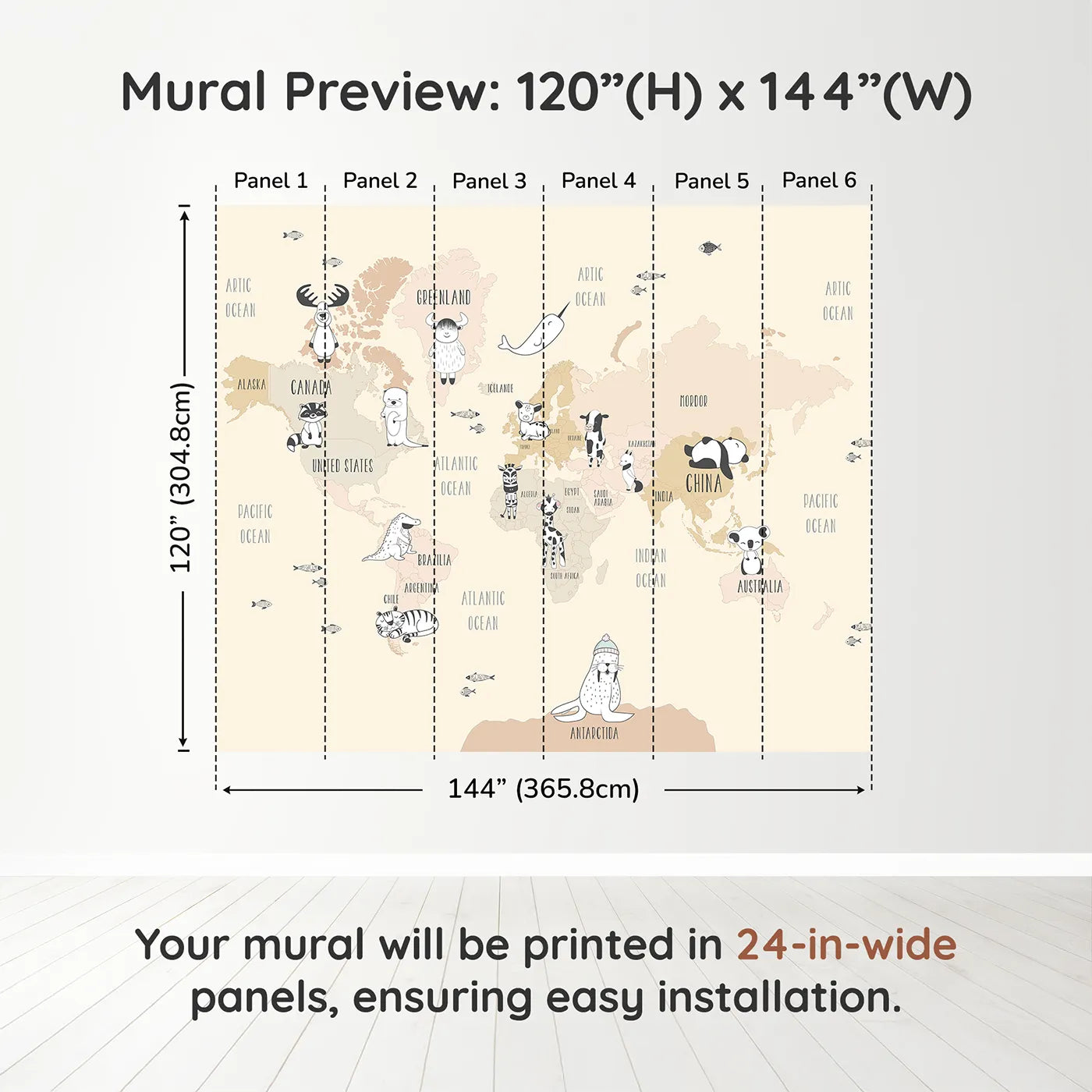 Whimsy Tots Boho Animal World Map Wall Mural in Beigedimension view (120" H x 144" W). Printed in six 24-inch-wide panels. Gender-Neutral