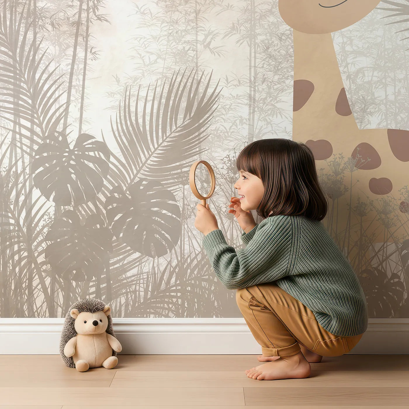 Child in front of Whimsy Tots Misty Jungle Friends Wall Mural with safari, jungle, animal, cute, mist, beige, lion, giraffe in design.