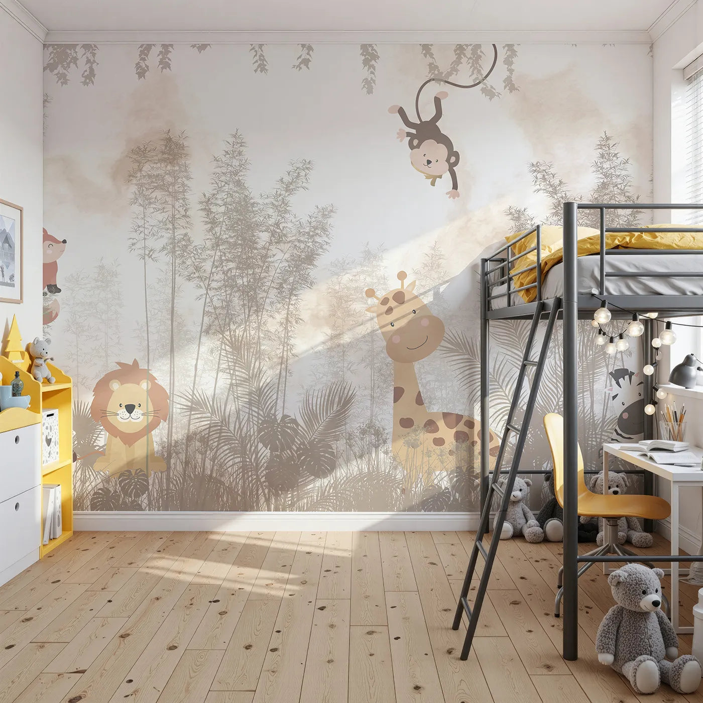 Front view of Whimsy Tots' Misty Jungle Friends Wall Mural