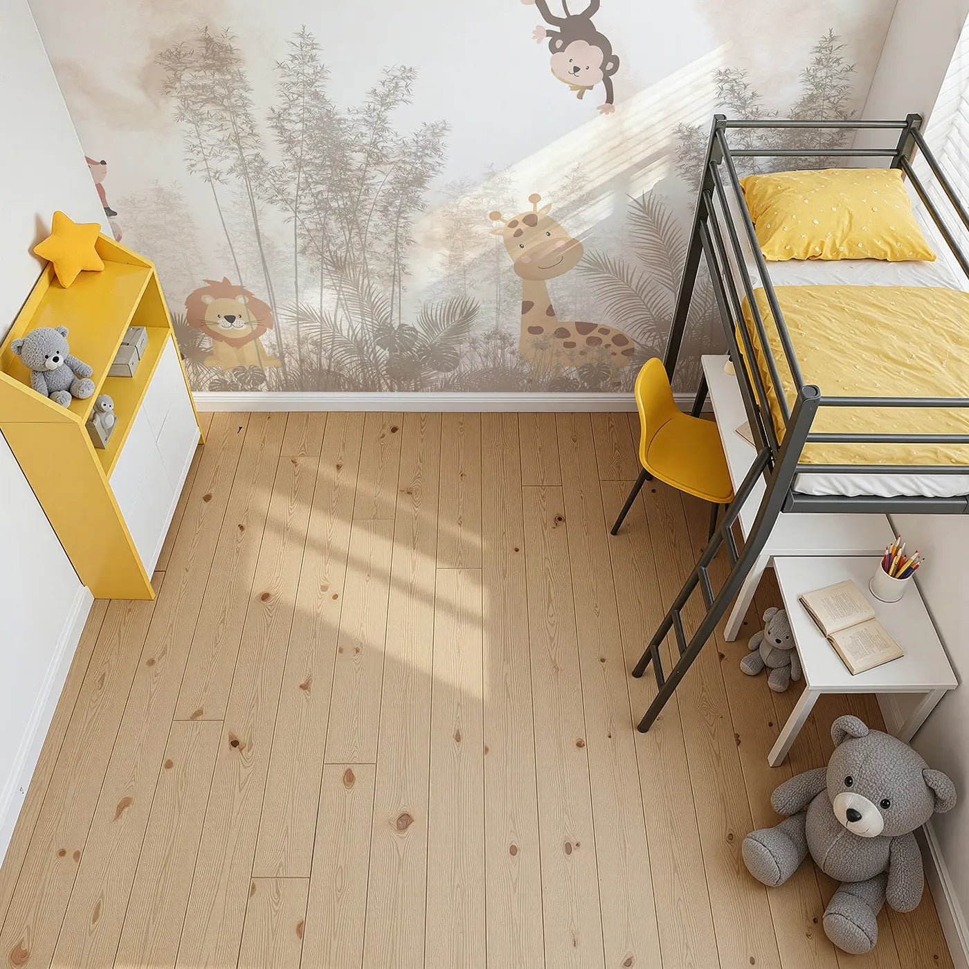 Top-down view of Whimsy Tots' Misty Jungle Friends Wall Mural (Turn Their Room into a Gentle, Playful Safari).Gender-Neutral