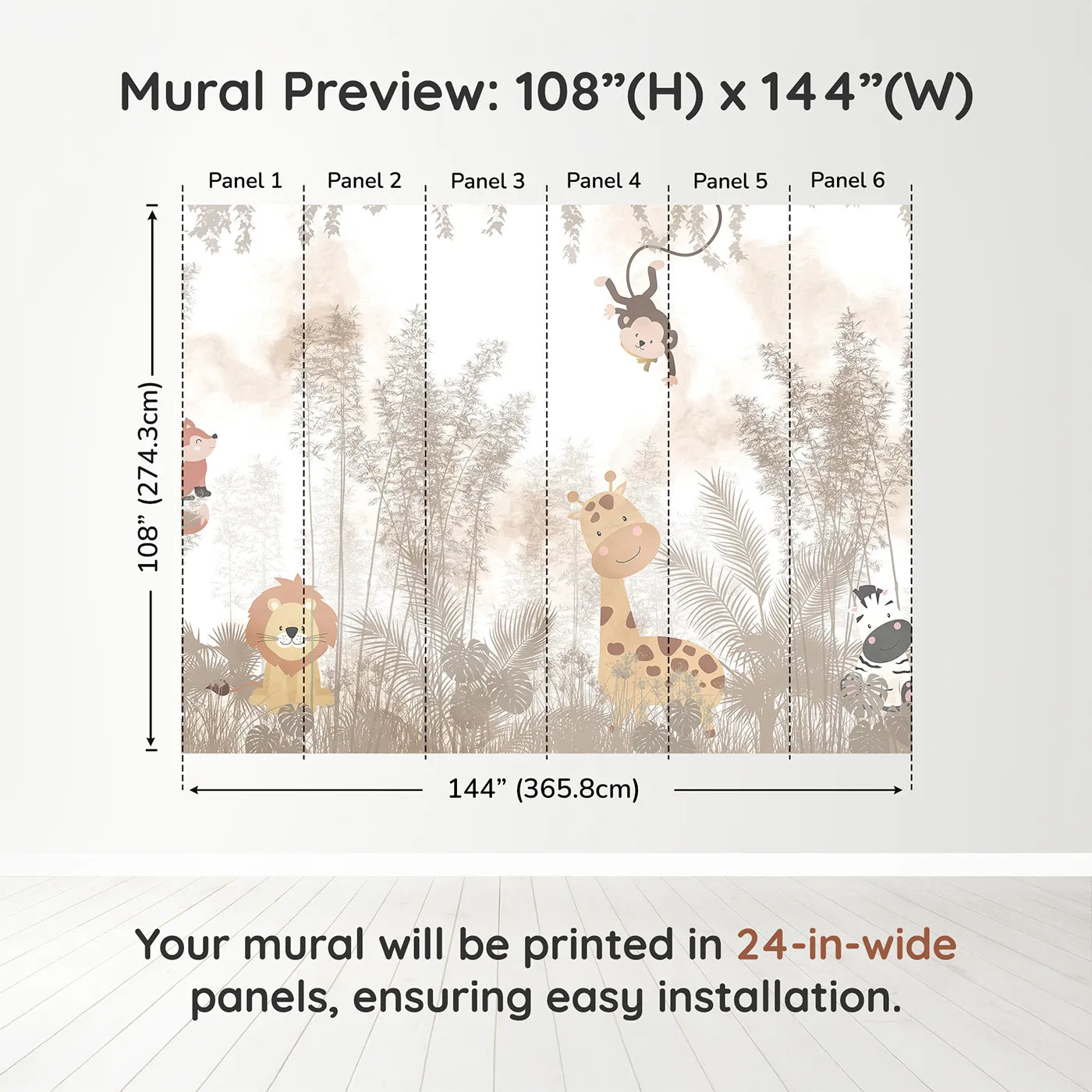 Whimsy Tots Misty Jungle Friends Wall Muraldimension view (108" H x 144" W). Printed in six 24-inch-wide panels. Gender-Neutral