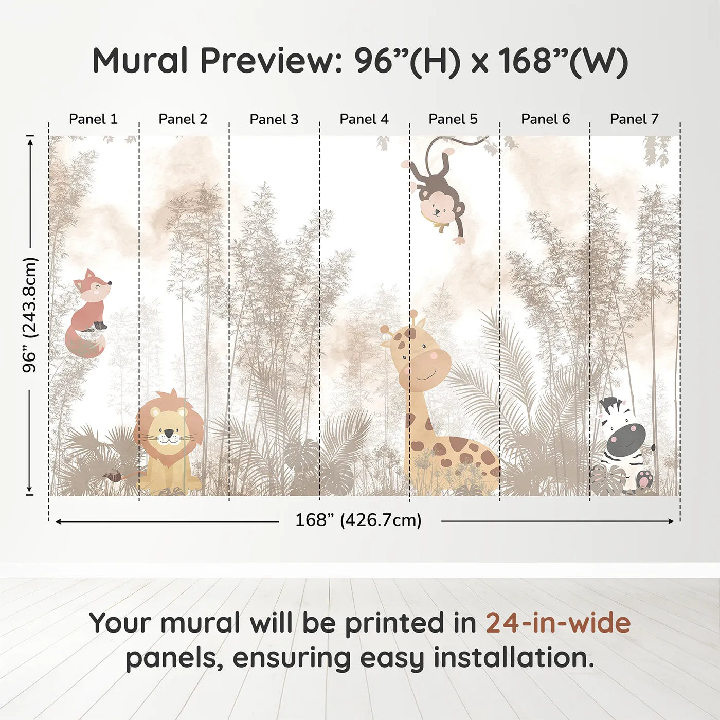 Whimsy Tots Misty Jungle Friends Wall Muraldimension view (96" H x 168" W). Printed in seven 24-inch-wide panels. Gender-Neutral