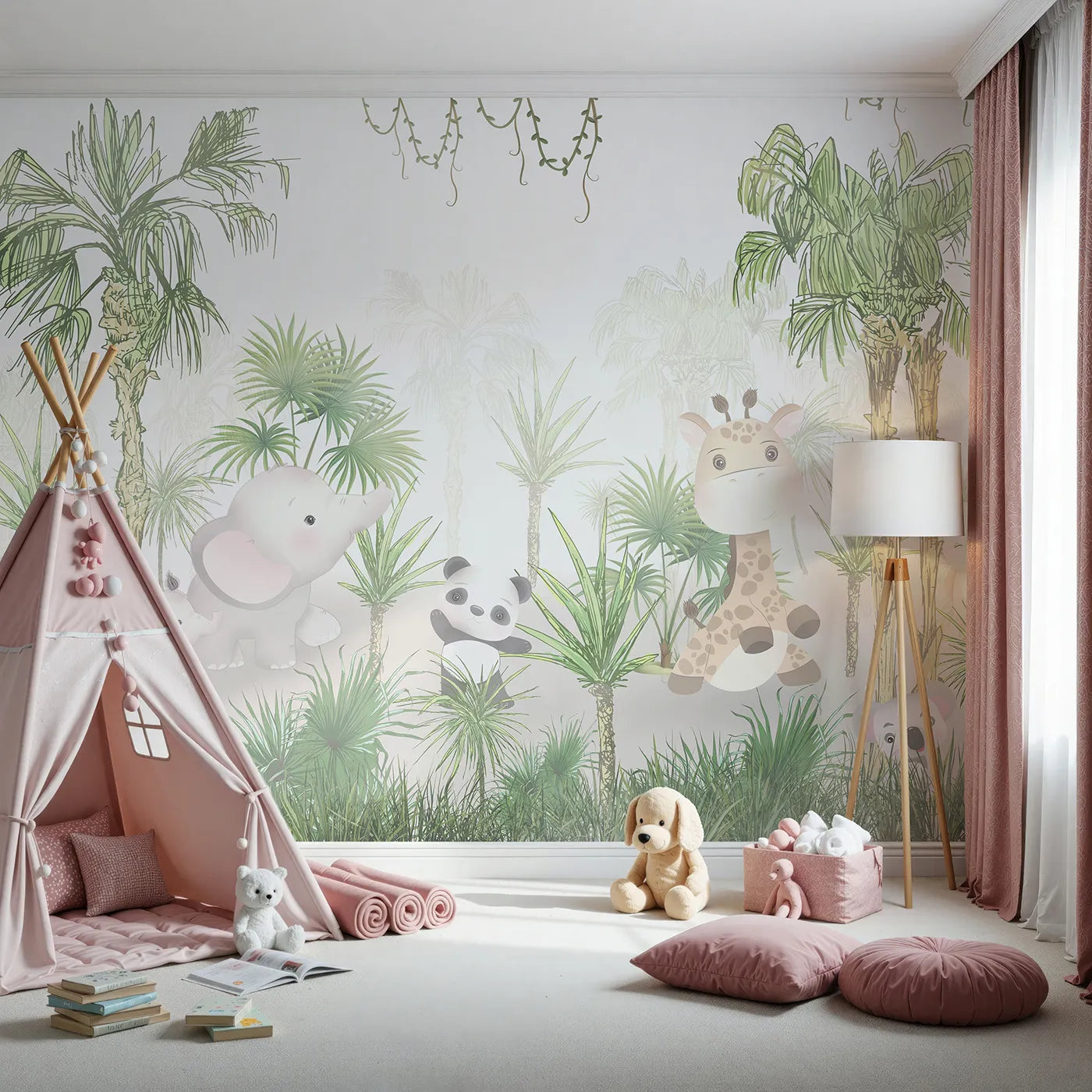 Front view of Whimsy Tots' Jungle Pals Wall Mural