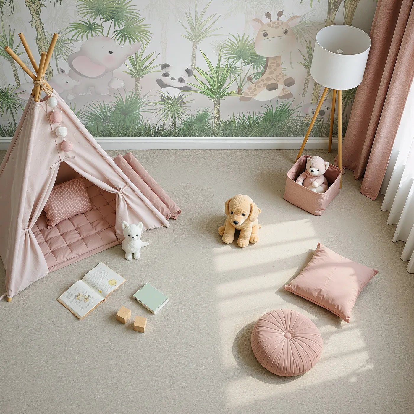 Child in front of Whimsy Tots Jungle Pals Wall Mural with safari, jungle, animal, cute, palm tree, green, elephant, giraffe in design.