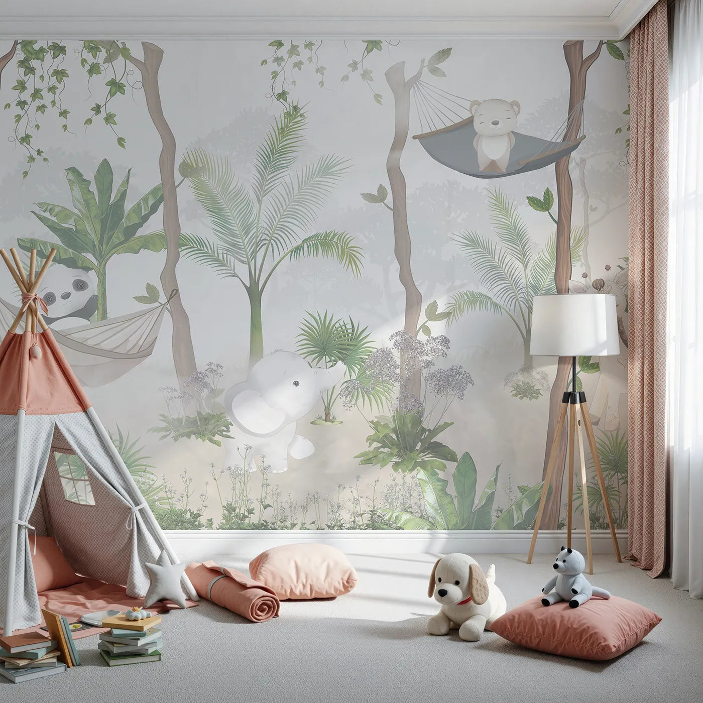 Front view of Whimsy Tots' Jungle Hangout Wall Mural