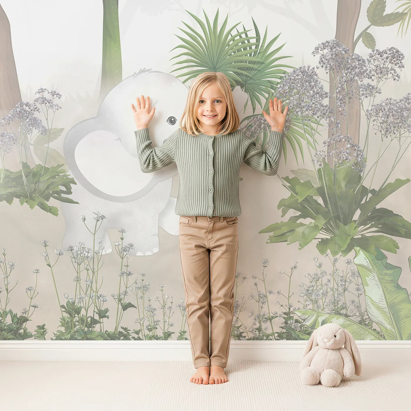 Child in front of Whimsy Tots Jungle Hangout Wall Mural with animal, jungle, hammock, cute, misty, green, safari, panda in design.