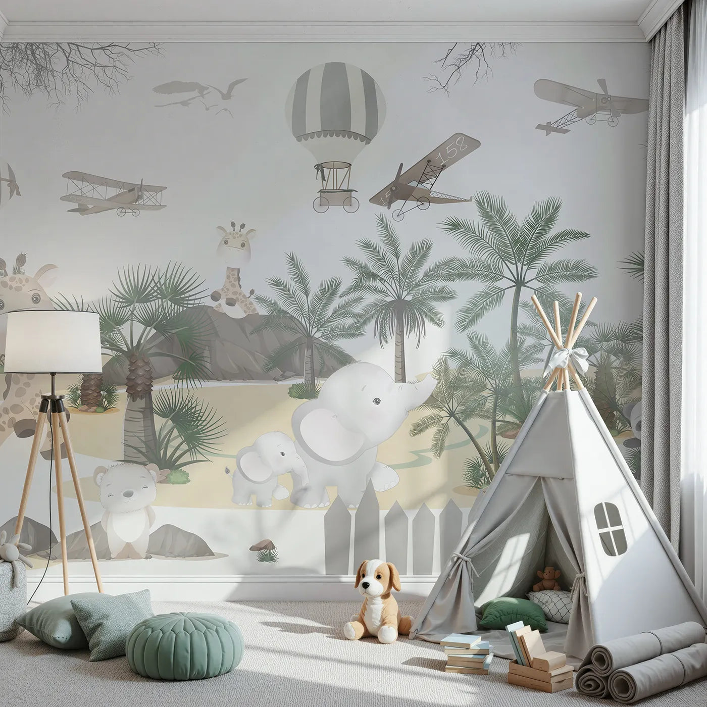 Front view of Whimsy Tots' Safari Adventure Wall Mural