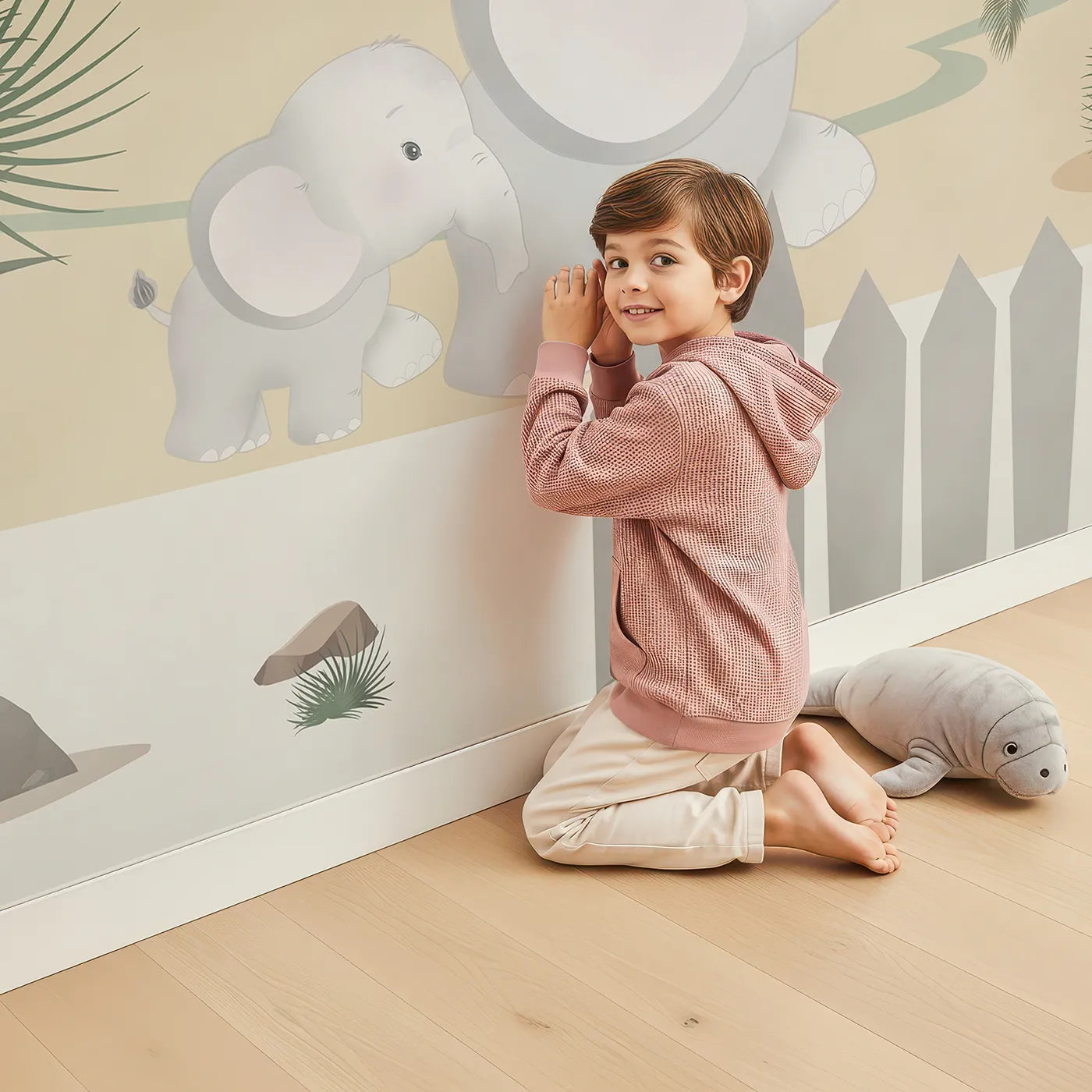 Child in front of Whimsy Tots Safari Adventure Wall Mural with animal, safari, airplane, balloon, vintage, cute, neutral, elephant in design.