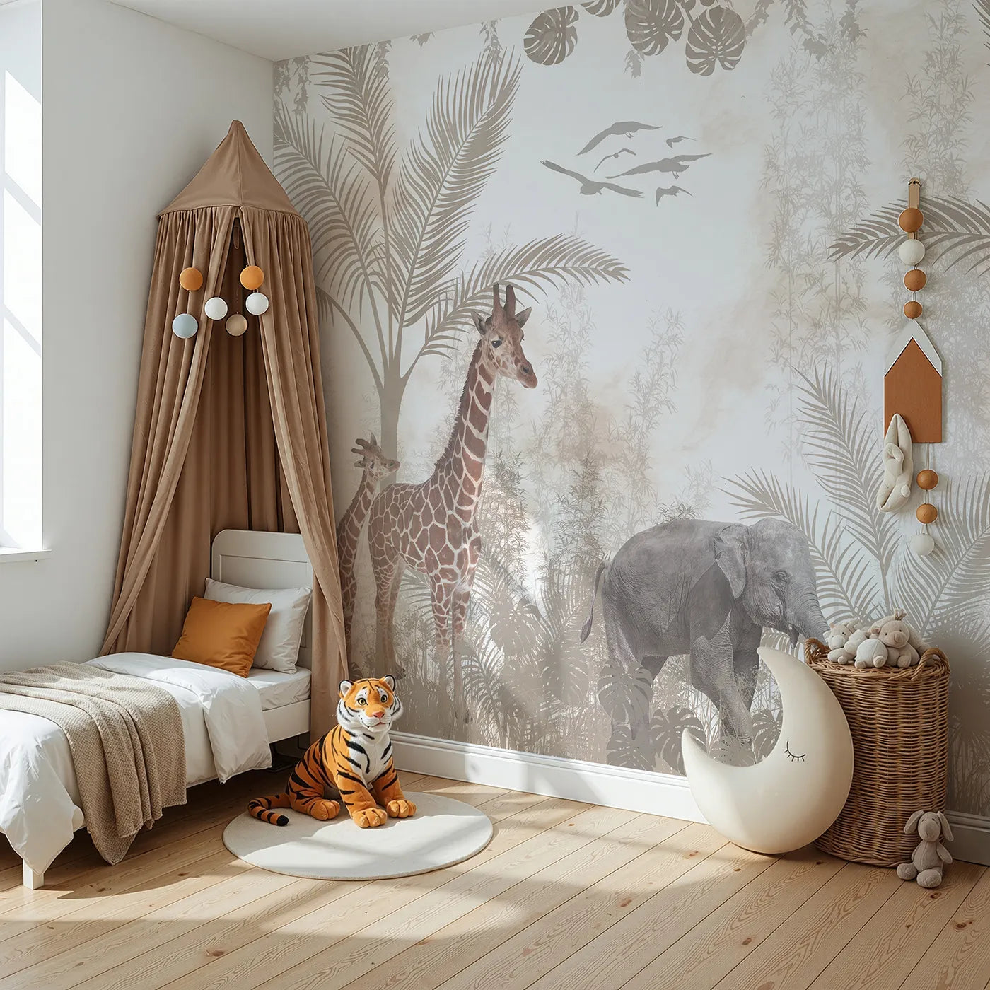 Angled view of Whimsy Tots' Sepia Safari Wall Mural (Turn Their Room into a Timeless Jungle Expedition).Gender-Neutral
