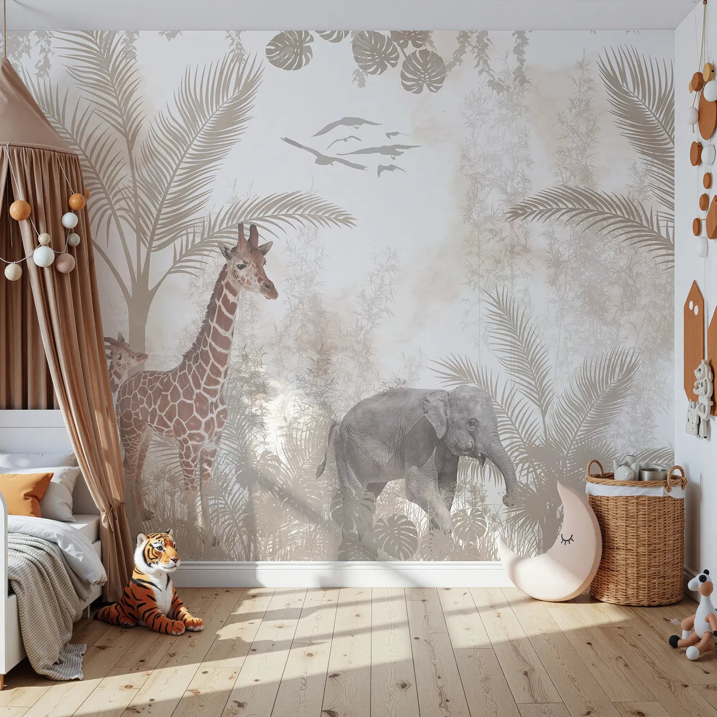Front view of Whimsy Tots' Sepia Safari Wall Mural