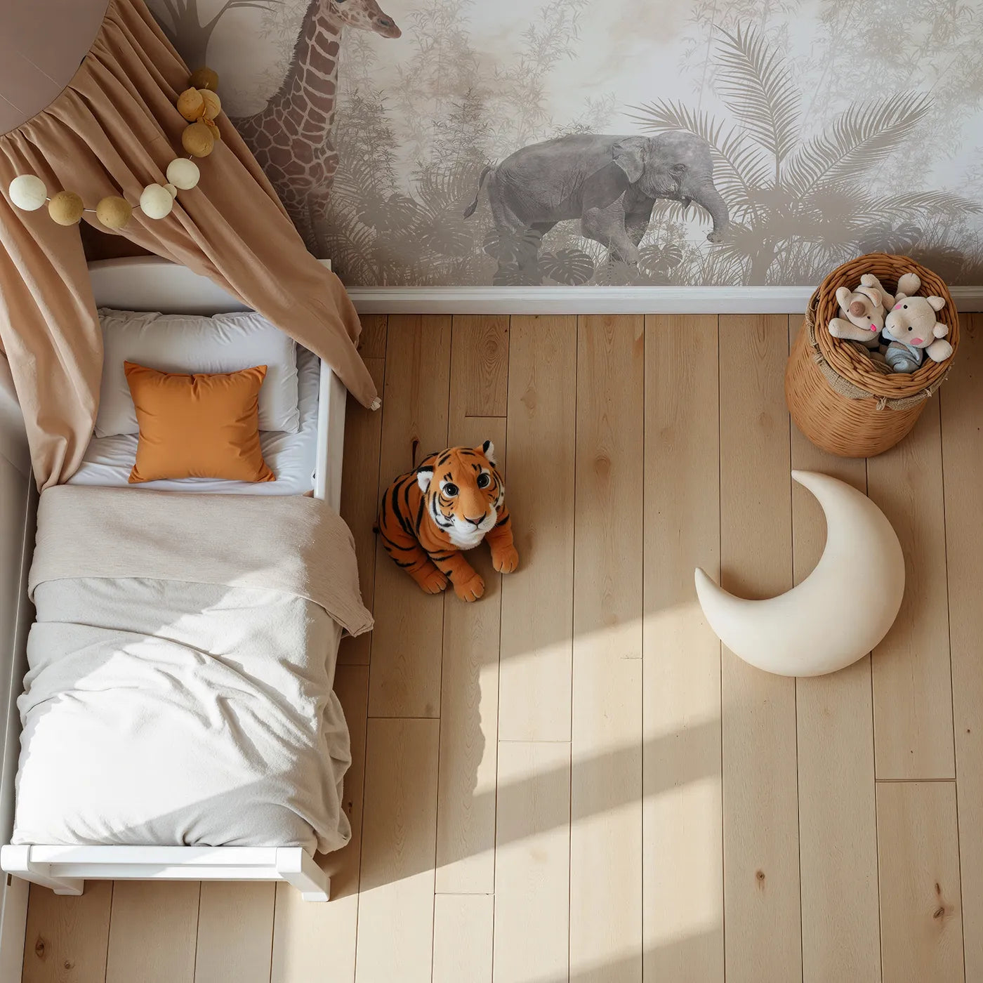 Top-down view of Whimsy Tots' Sepia Safari Wall Mural (Turn Their Room into a Timeless Jungle Expedition).Gender-Neutral