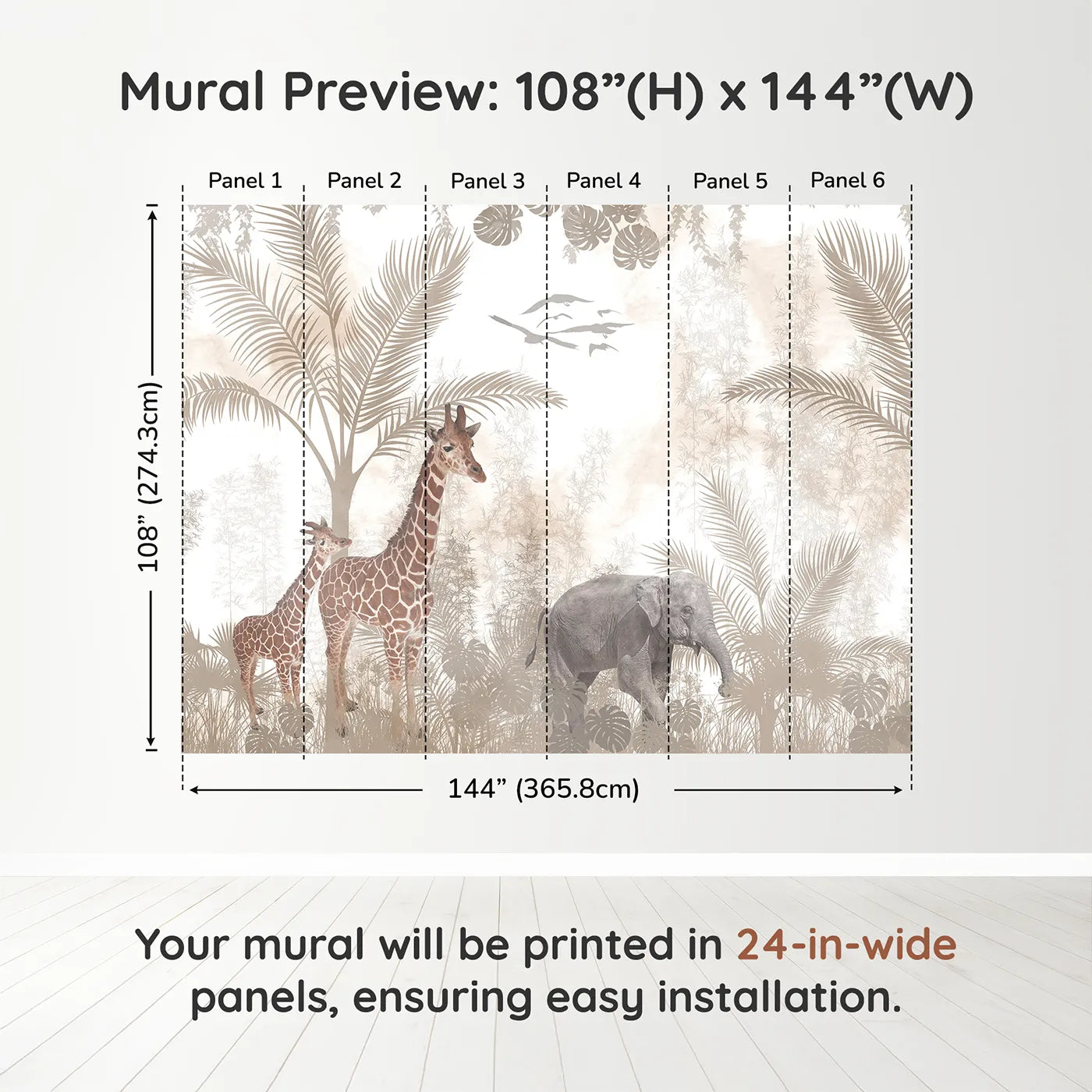 Whimsy Tots Sepia Safari Wall Muraldimension view (108" H x 144" W). Printed in six 24-inch-wide panels. Gender-Neutral
