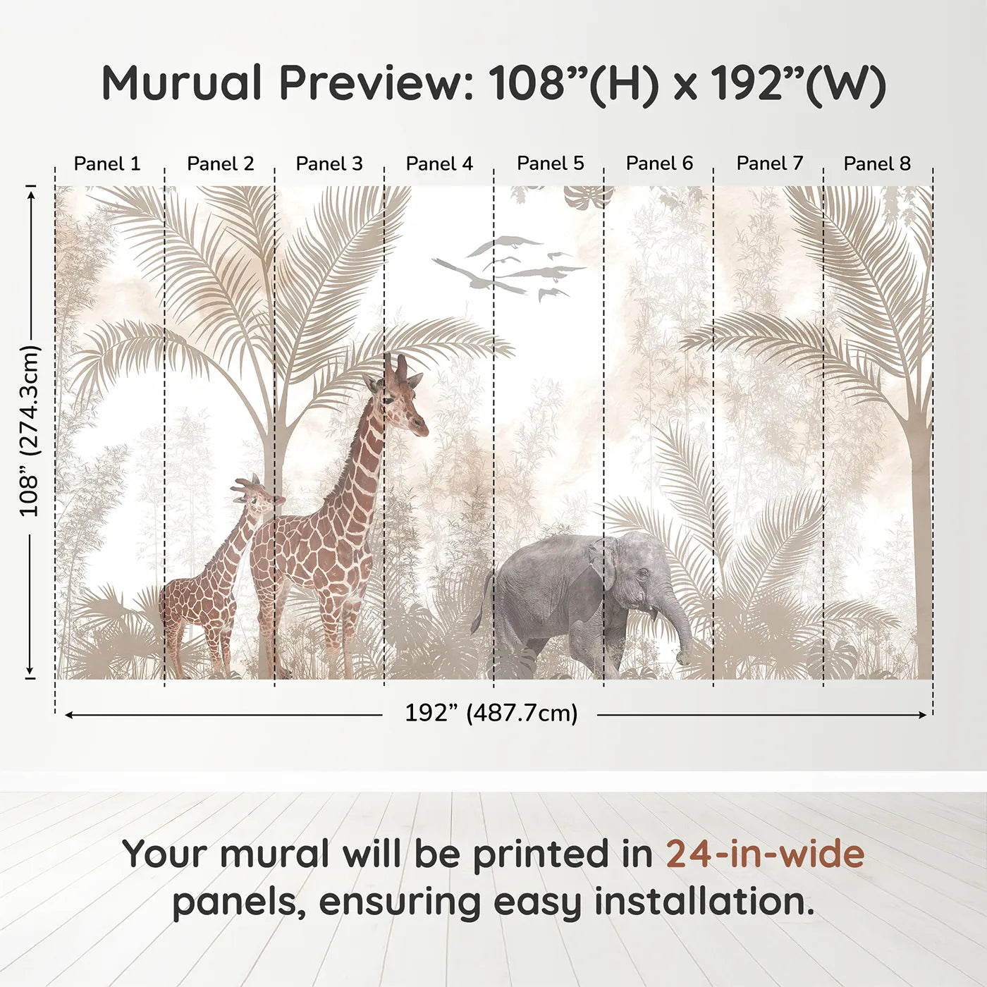 Whimsy Tots Sepia Safari Wall Muraldimension view (108" H x 192" W). Printed in eight 24-inch-wide panels. Gender-Neutral