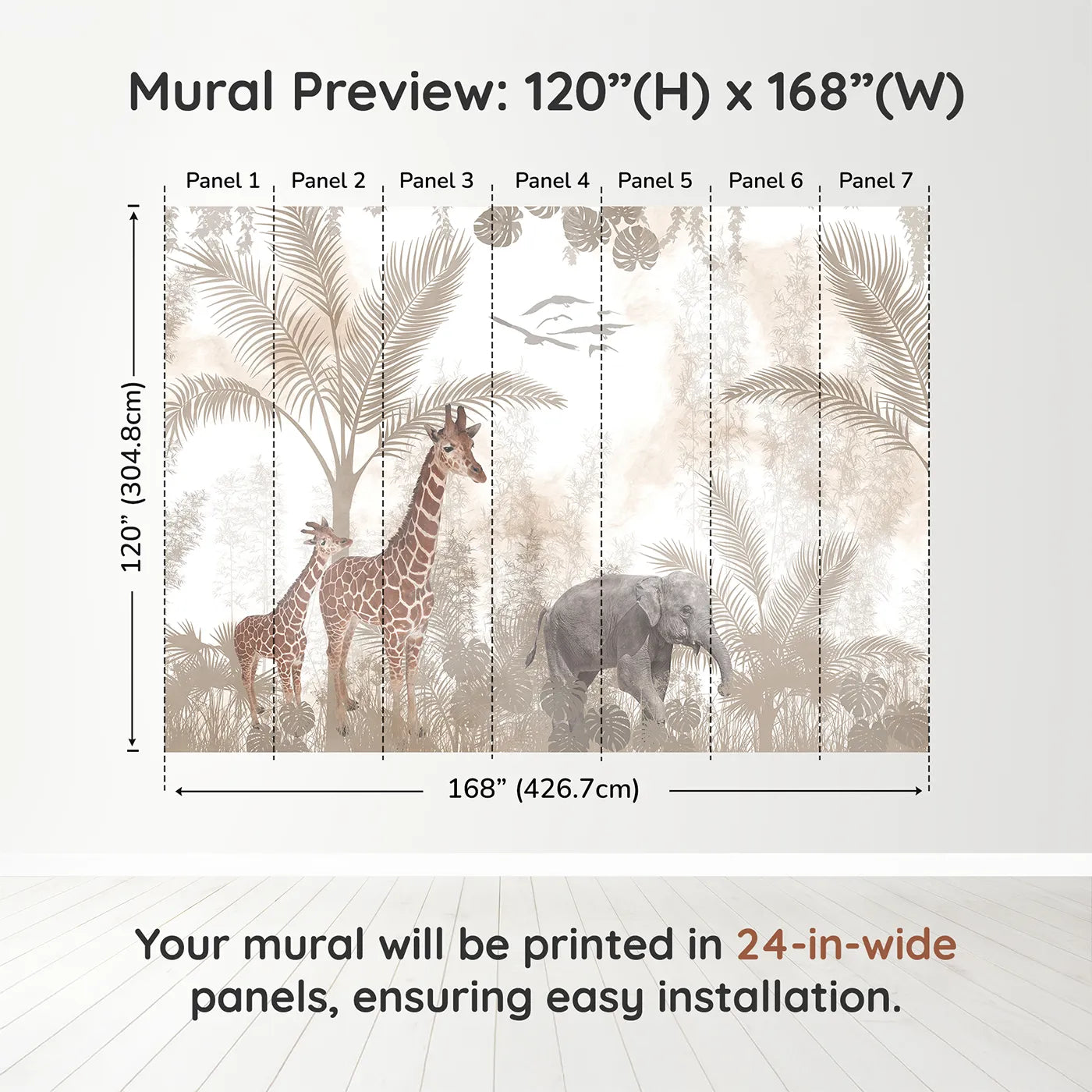 Whimsy Tots Sepia Safari Wall Muraldimension view (120" H x 168" W). Printed in seven 24-inch-wide panels. Gender-Neutral