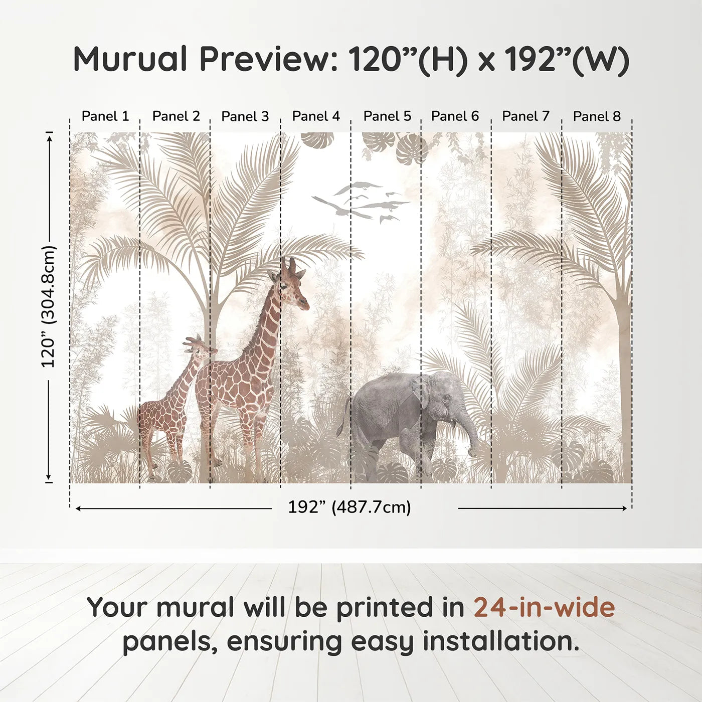 Whimsy Tots Sepia Safari Wall Muraldimension view (120" H x 192" W). Printed in eight 24-inch-wide panels. Gender-Neutral