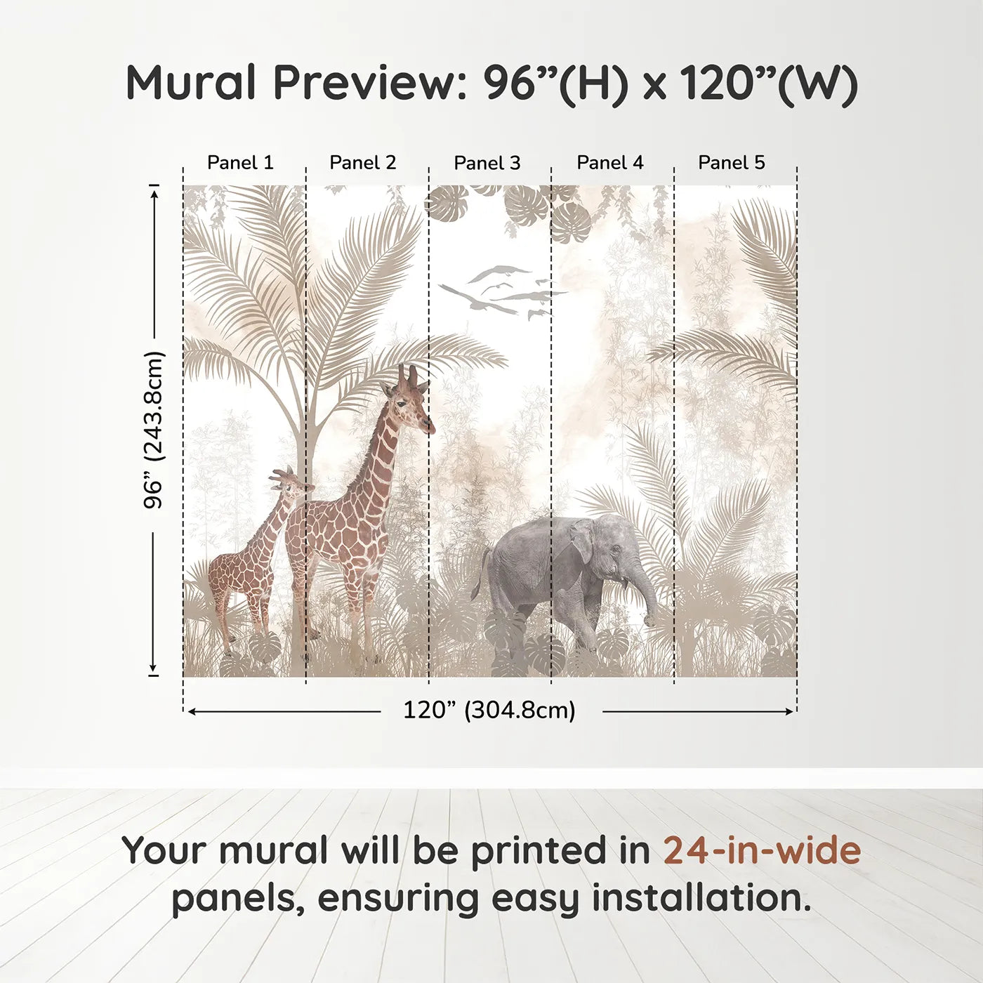 Whimsy Tots Sepia Safari Wall Muraldimension view (96" H x 120" W). Printed in five 24-inch-wide panels. Gender-Neutral