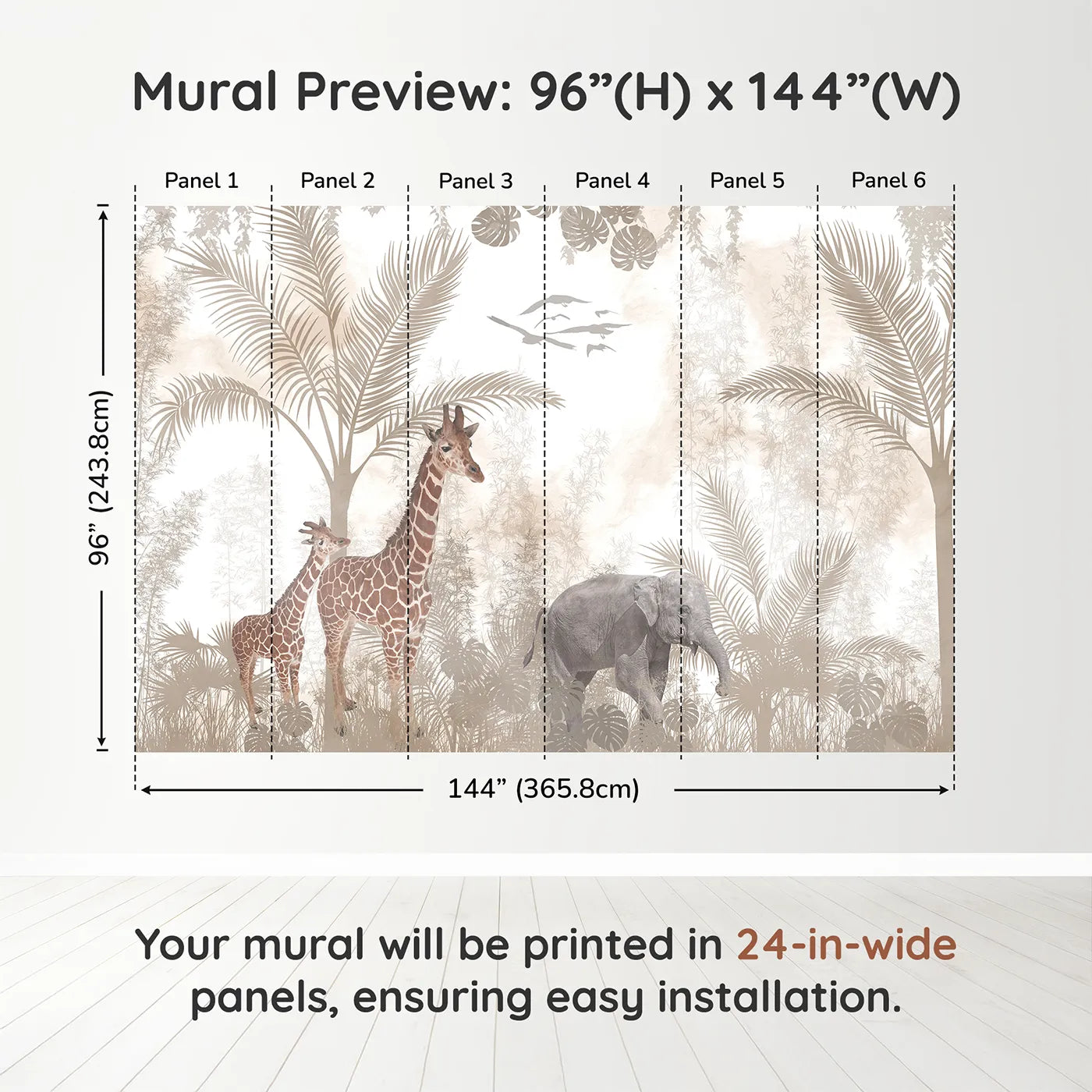 Whimsy Tots Sepia Safari Wall Muraldimension view (96" H x 144" W). Printed in six 24-inch-wide panels. Gender-Neutral