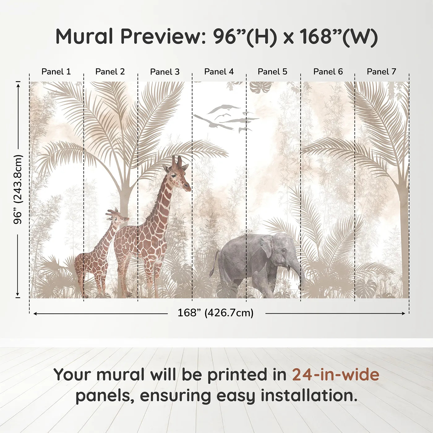 Whimsy Tots Sepia Safari Wall Muraldimension view (96" H x 168" W). Printed in seven 24-inch-wide panels. Gender-Neutral