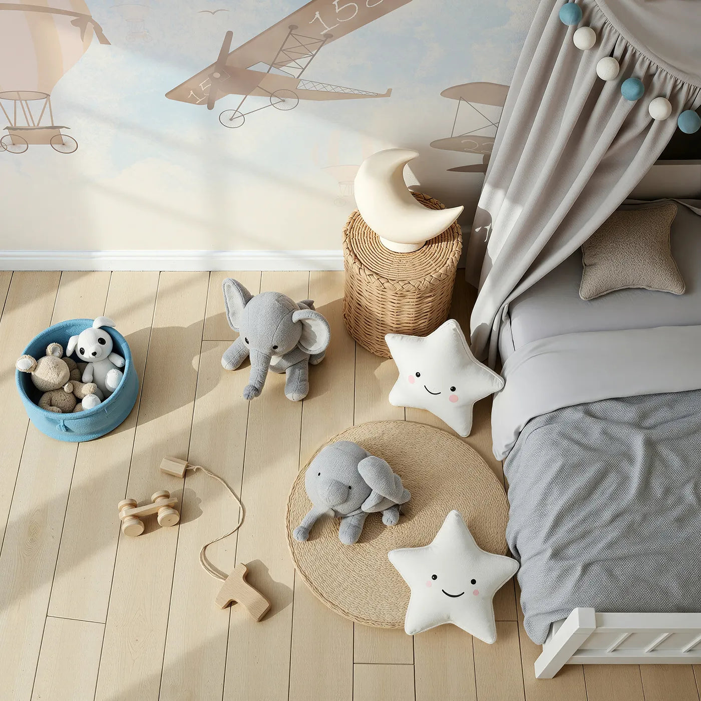 Top-down view of Whimsy Tots' Vintage Sky Journey Wall Mural (Turn Their Room into a Dreamy, High-Flying Adventure).Gender-Neutral