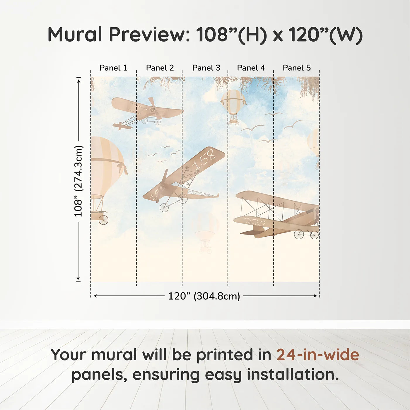 Whimsy Tots Vintage Sky Journey Wall Muraldimension view (108" H x 120" W). Printed in five 24-inch-wide panels. Gender-Neutral