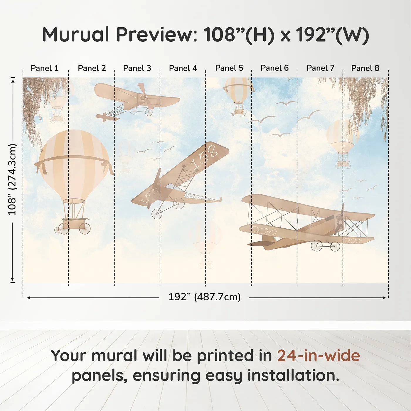 Whimsy Tots Vintage Sky Journey Wall Muraldimension view (108" H x 192" W). Printed in eight 24-inch-wide panels. Gender-Neutral