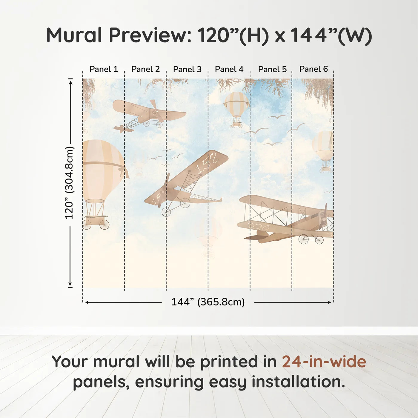 Whimsy Tots Vintage Sky Journey Wall Muraldimension view (120" H x 144" W). Printed in six 24-inch-wide panels. Gender-Neutral