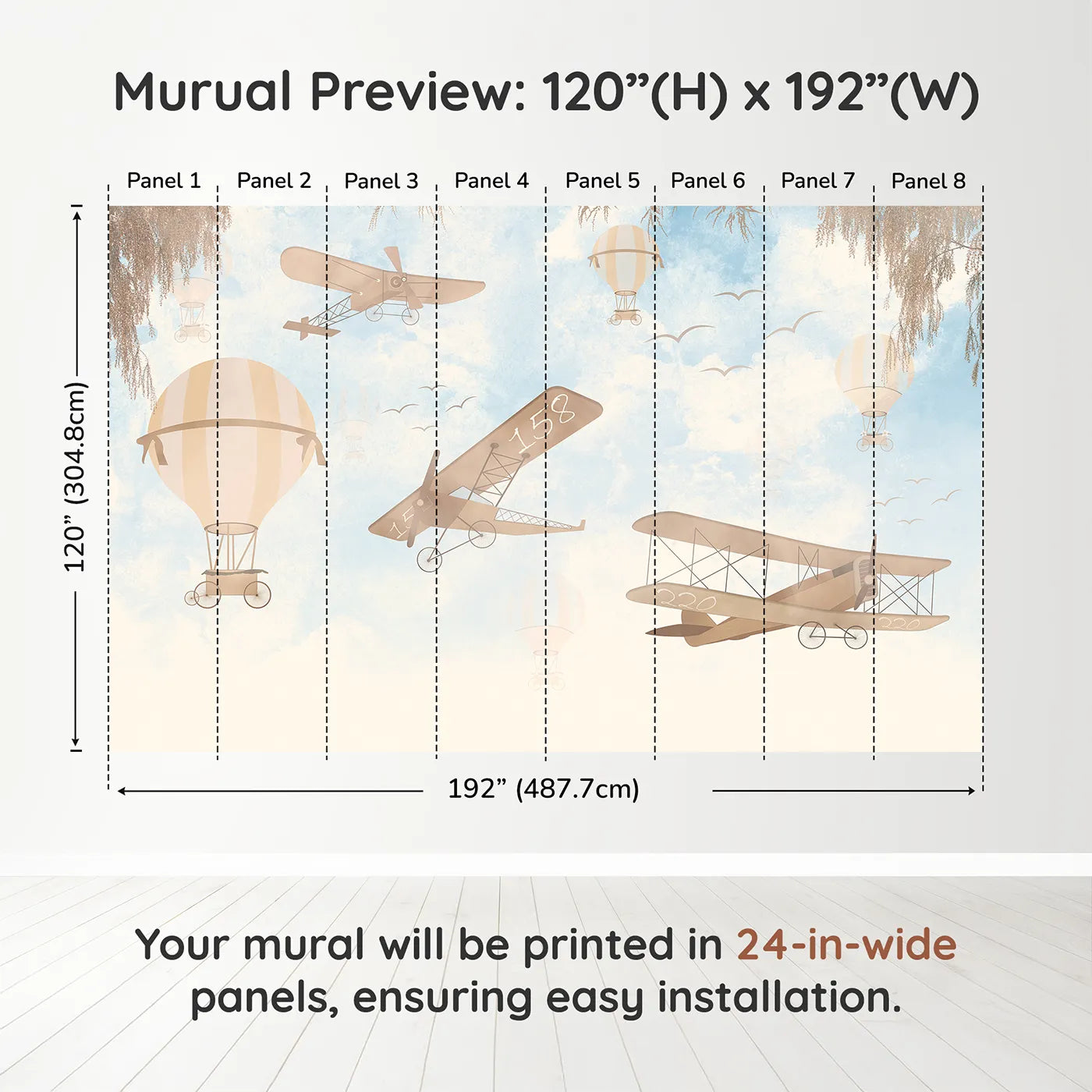 Whimsy Tots Vintage Sky Journey Wall Muraldimension view (120" H x 192" W). Printed in eight 24-inch-wide panels. Gender-Neutral