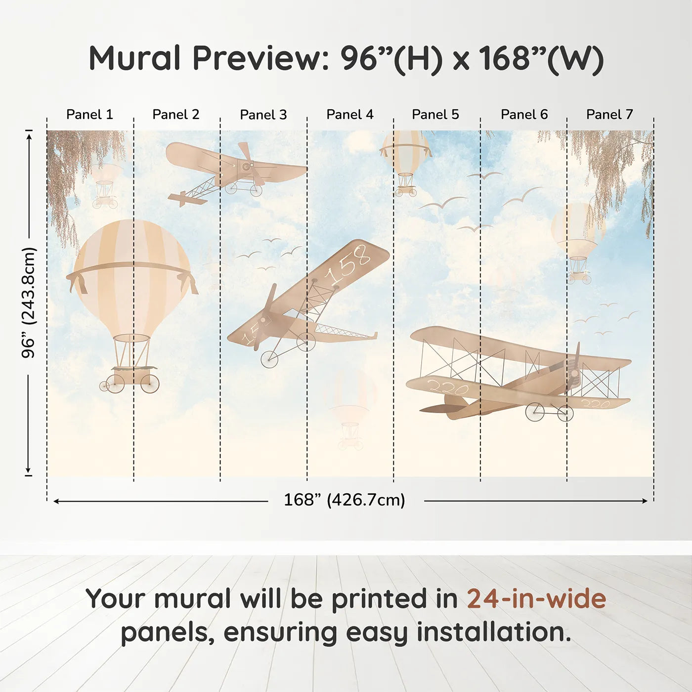 Whimsy Tots Vintage Sky Journey Wall Muraldimension view (96" H x 168" W). Printed in seven 24-inch-wide panels. Gender-Neutral