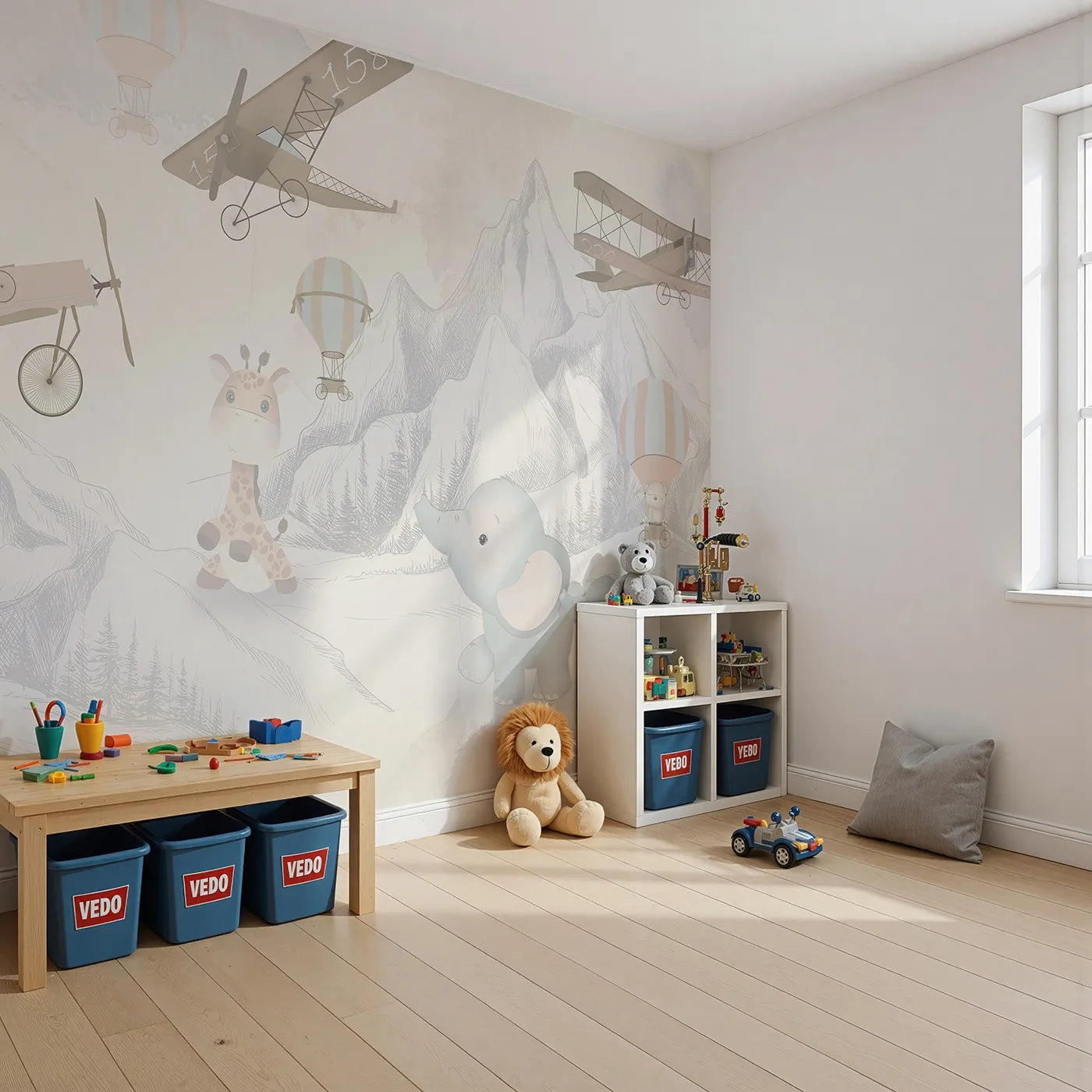 Angled view of Whimsy Tots' Safari Aviator Club Wall Mural (Turn Their Room into the Sweetest, High-Flying Adventure).Gender-Neutral