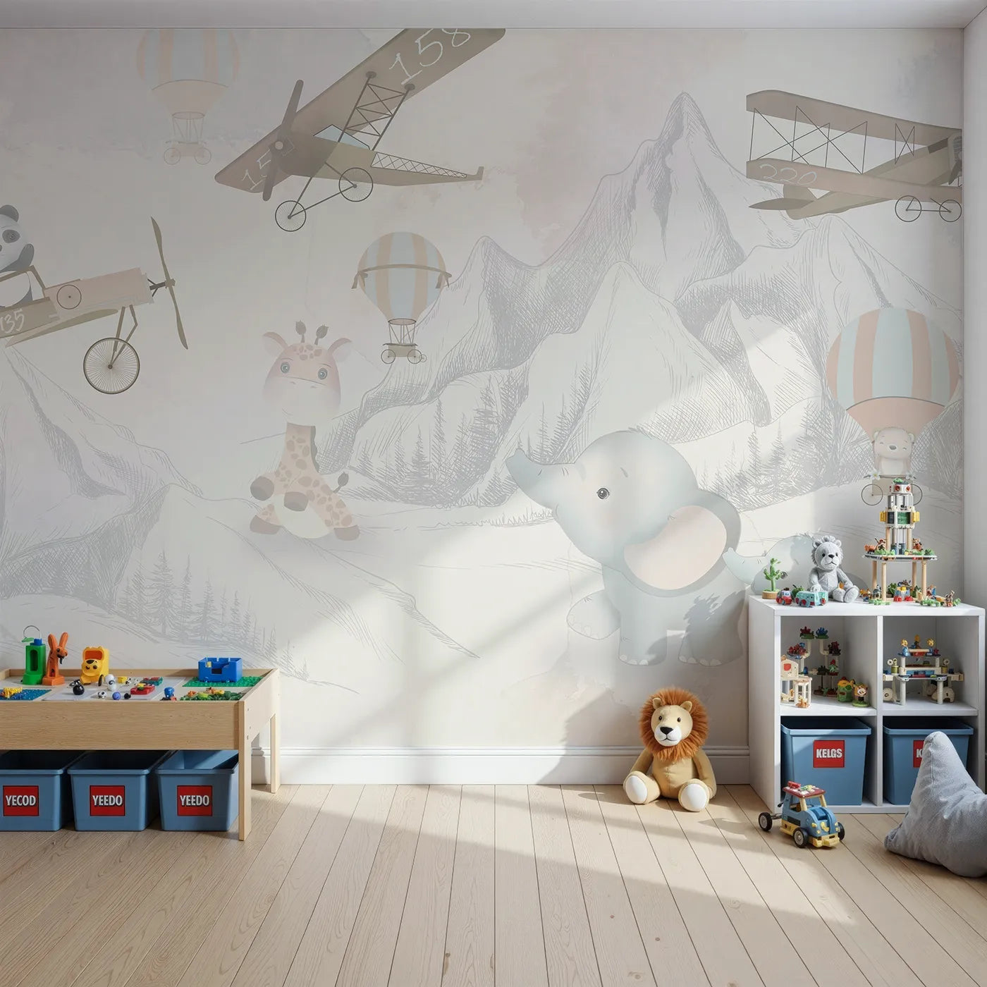 Front view of Whimsy Tots' Safari Aviator Club Wall Mural