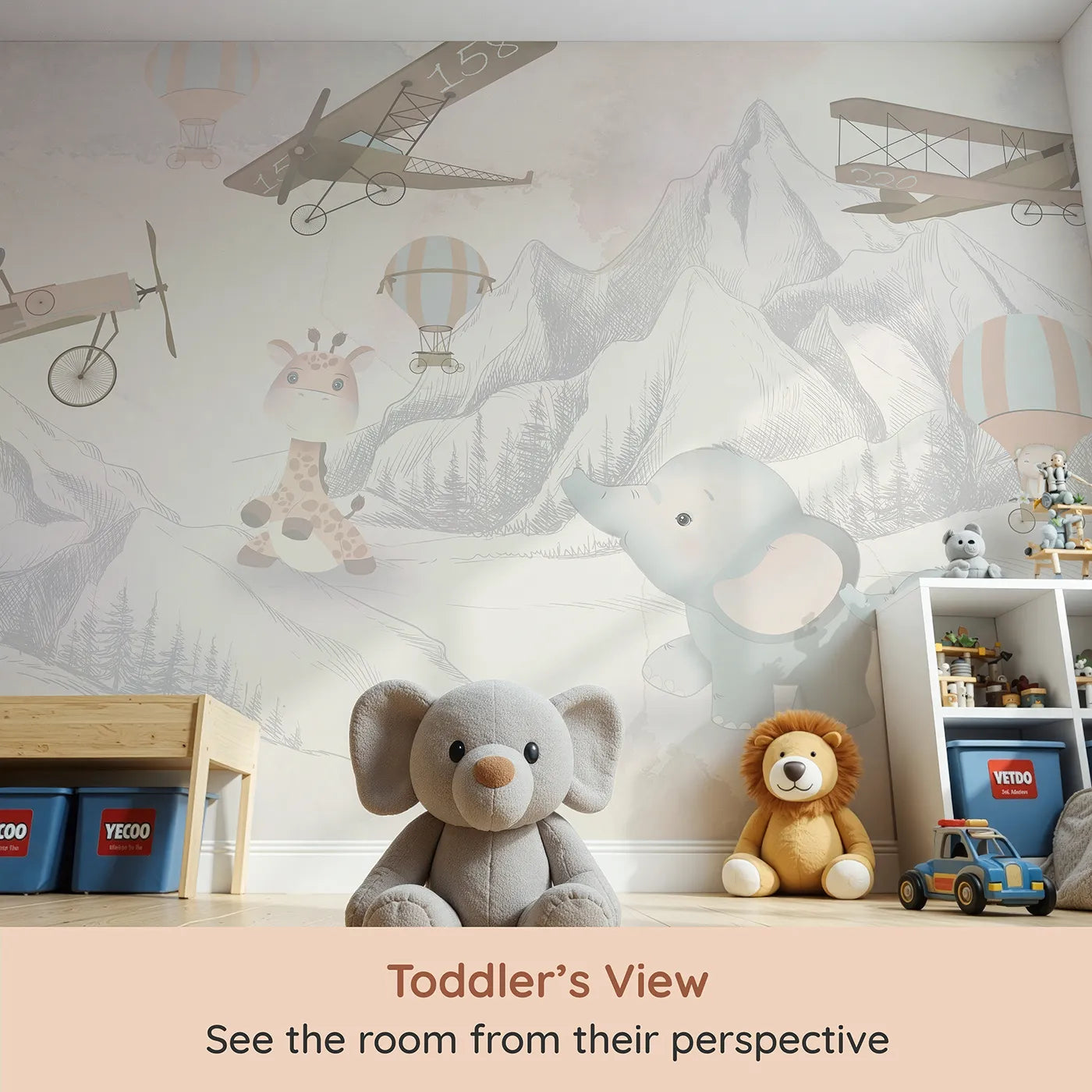 Whimsy Tots Safari Aviator Club Wall Mural (Turn Their Room into the Sweetest, High-Flying Adventure) from your child's view.Gender-Neutral