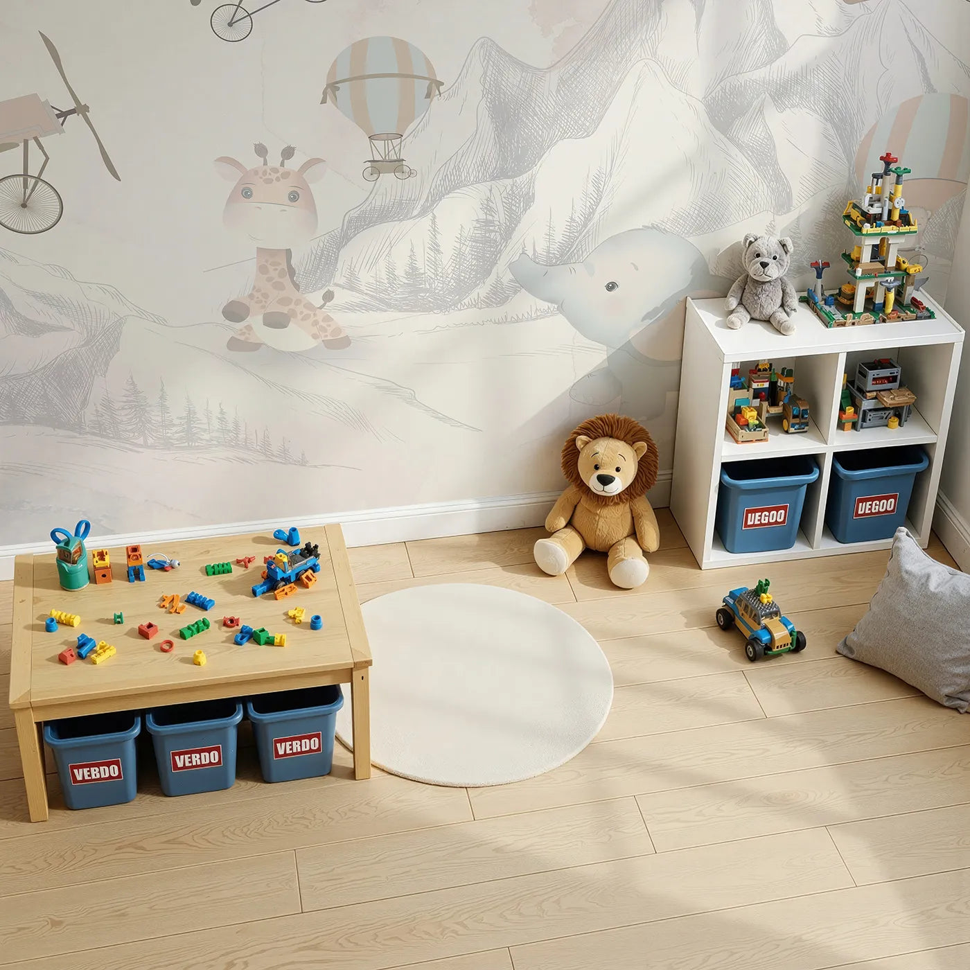 Top-down view of Whimsy Tots' Safari Aviator Club Wall Mural (Turn Their Room into the Sweetest, High-Flying Adventure).Gender-Neutral